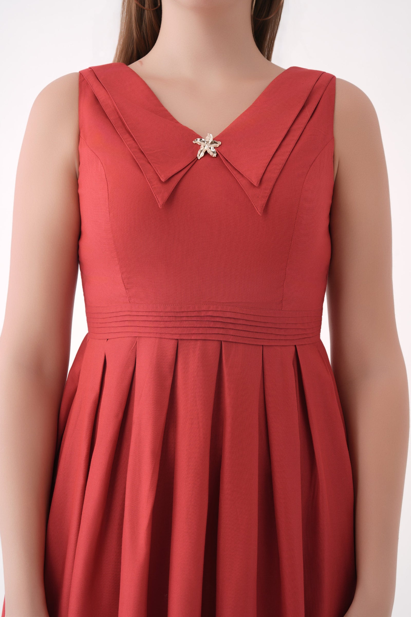 Women Equestrian Red Pleated Modal Midi Dress with Structured Waist