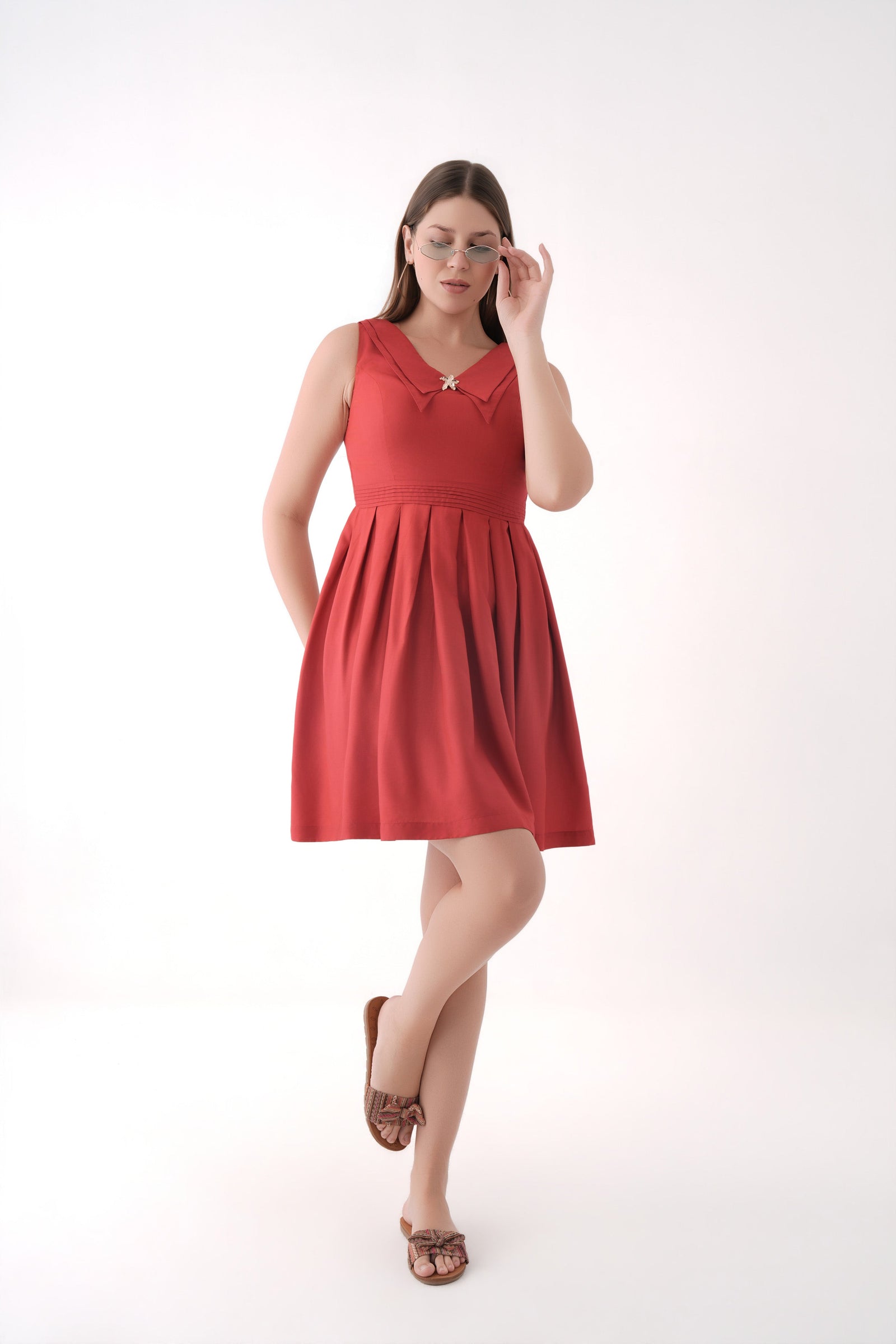 Women Equestrian Red Pleated Modal Midi Dress with Structured Waist