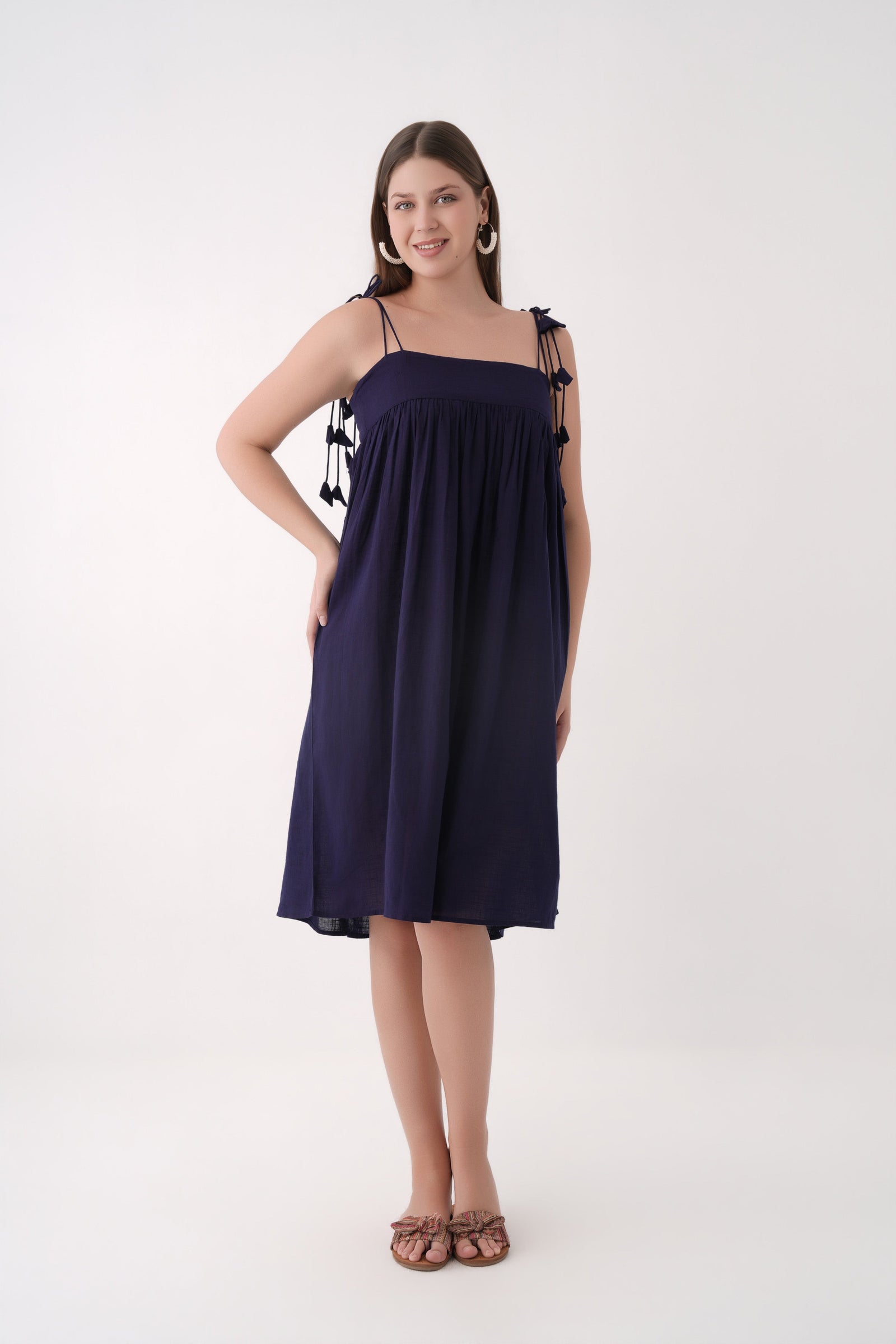 Women navy Blue Tassel Strap Gathered Cotton Midi Dress