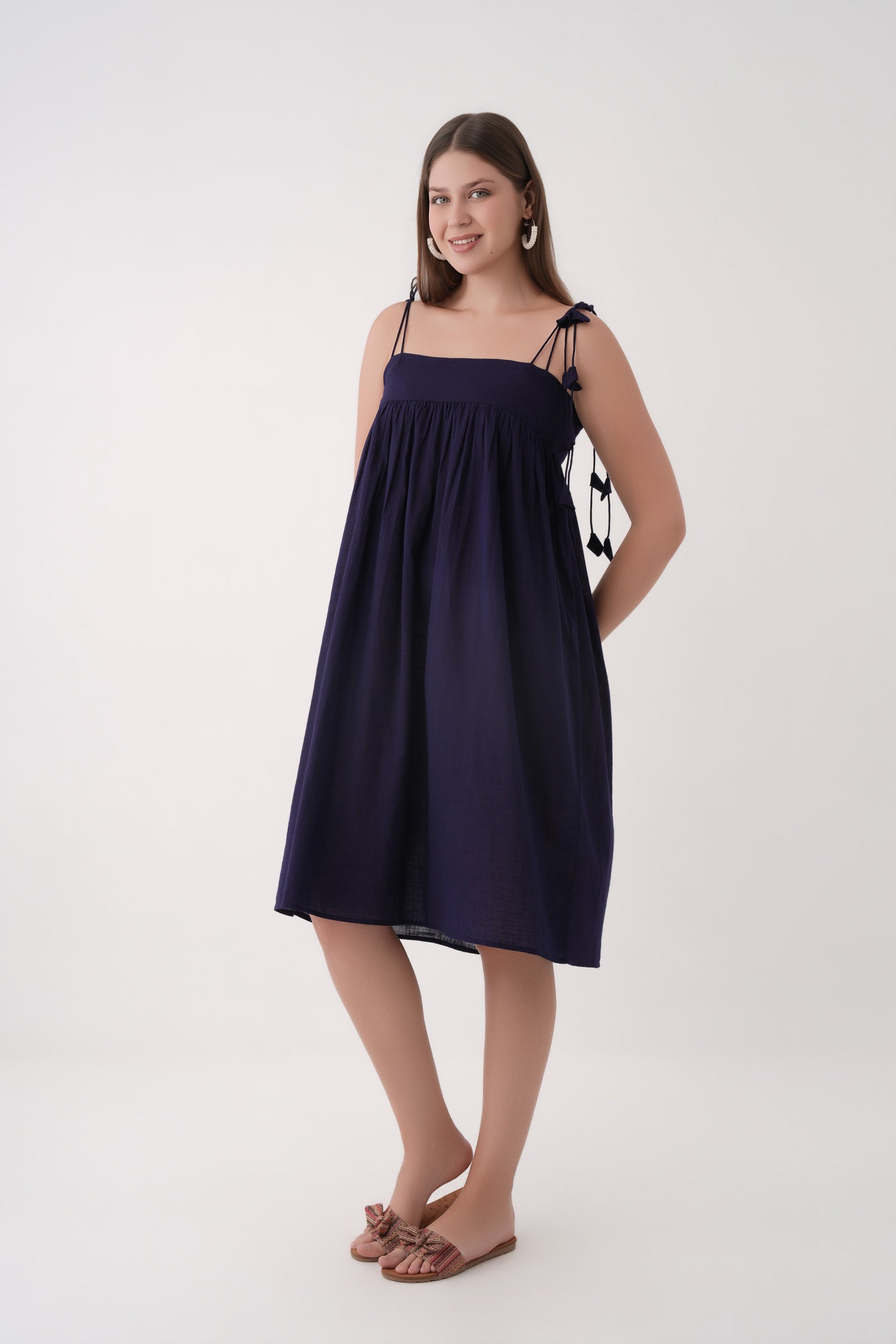 Women navy Blue Tassel Strap Gathered Cotton Midi Dress