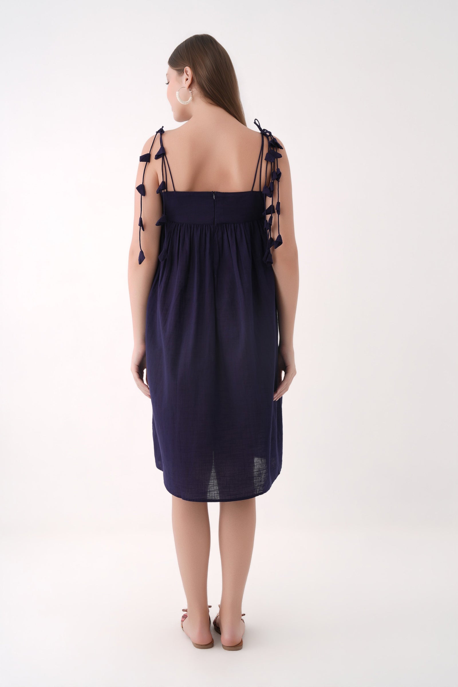 Women navy Blue Tassel Strap Gathered Cotton Midi Dress