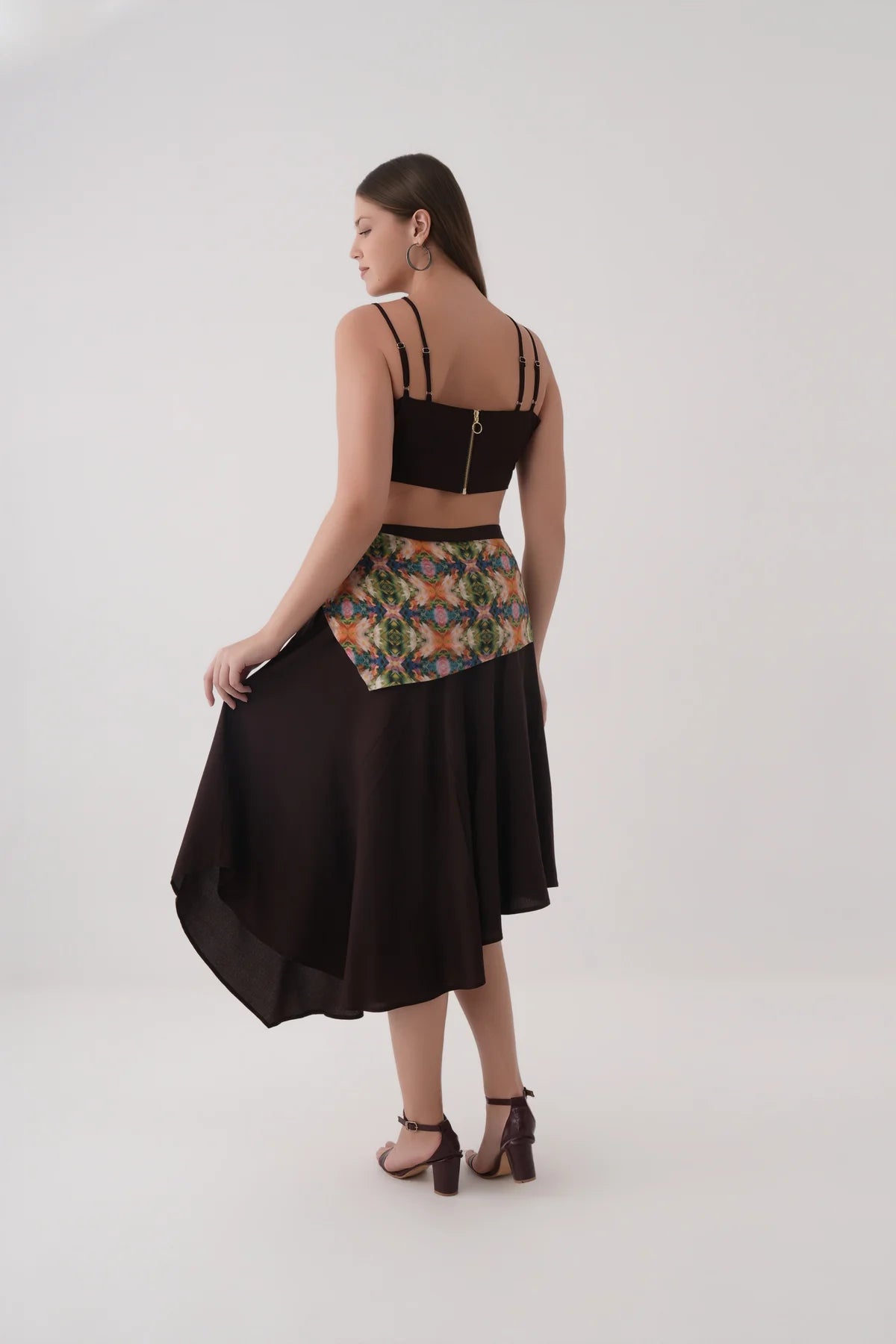 Coffee Bean Asymmetric Modal Skirt with Scarf Tie Waist | Scarf Tie Skirt