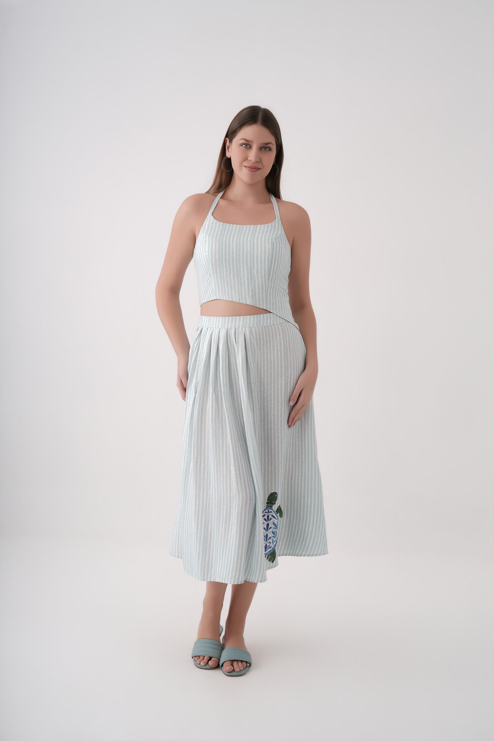 Women White Stripe Print Linen Halter Crop Top and Midi Skirt Co-ord Set 