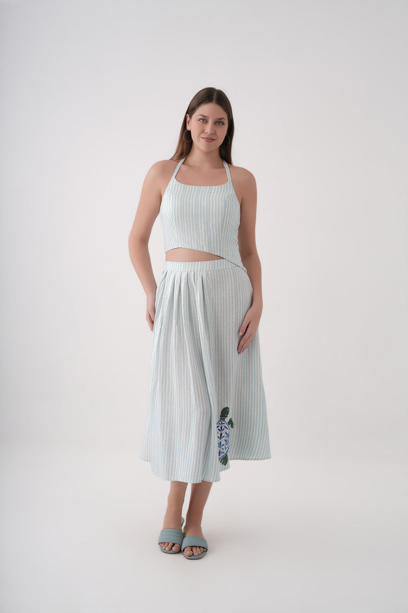 Women White Stripe Print Linen Halter Crop Top and Midi Skirt Co-ord Set 