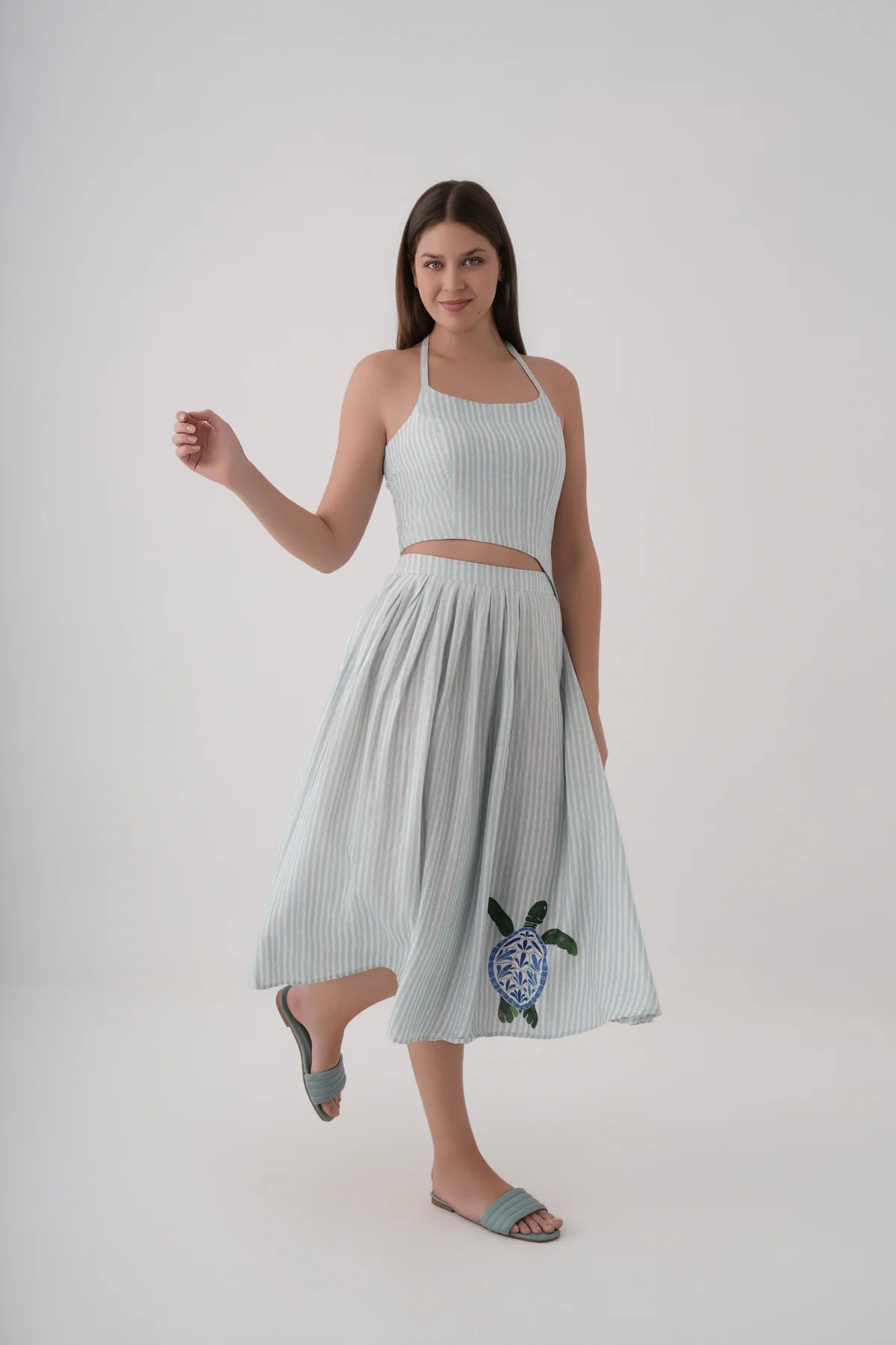 Women Bright White Stripe Print Halter Neck Linen Top