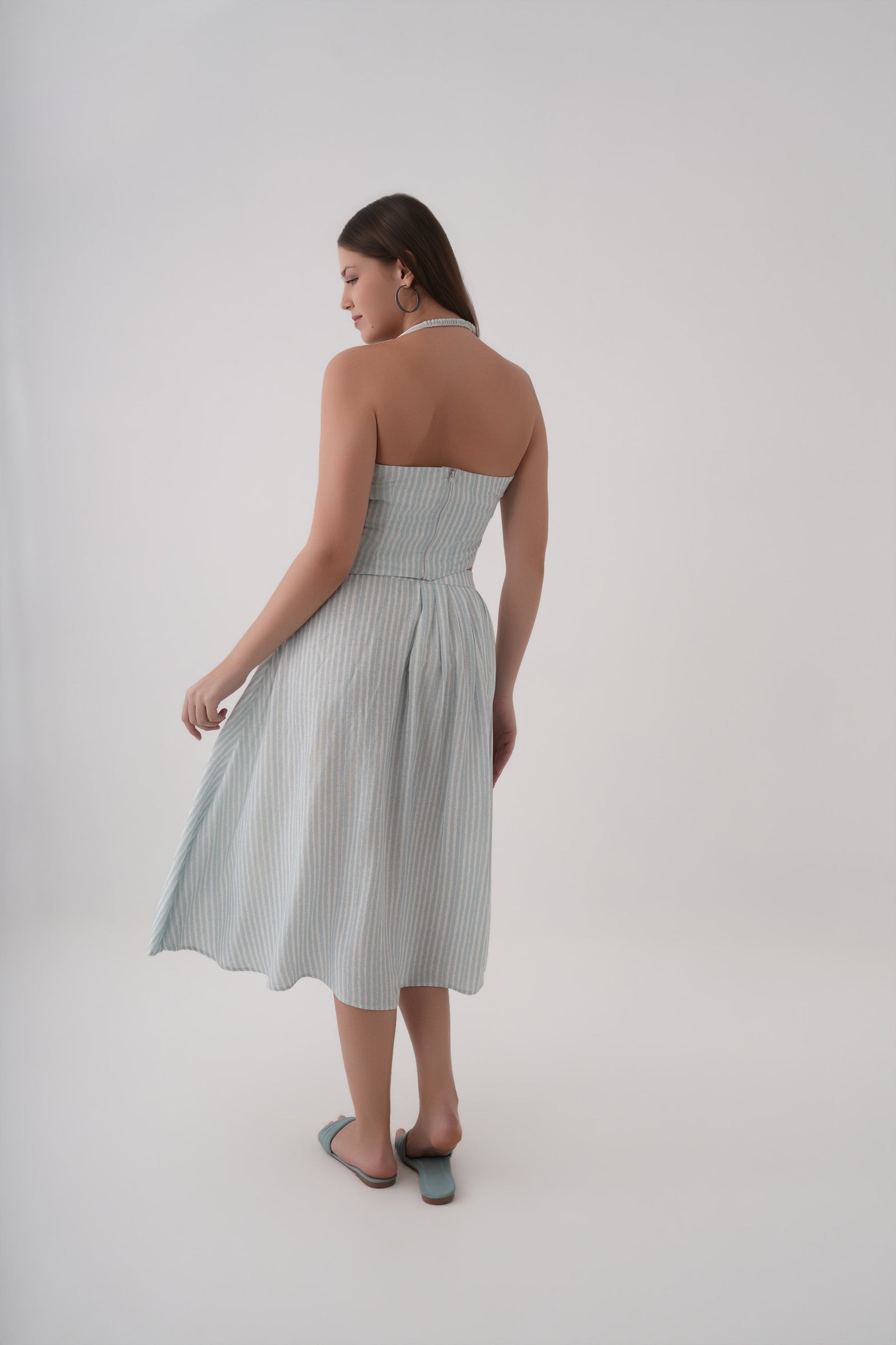 Women White Stripe Print Linen Halter Crop Top and Midi Skirt Co-ord Set 