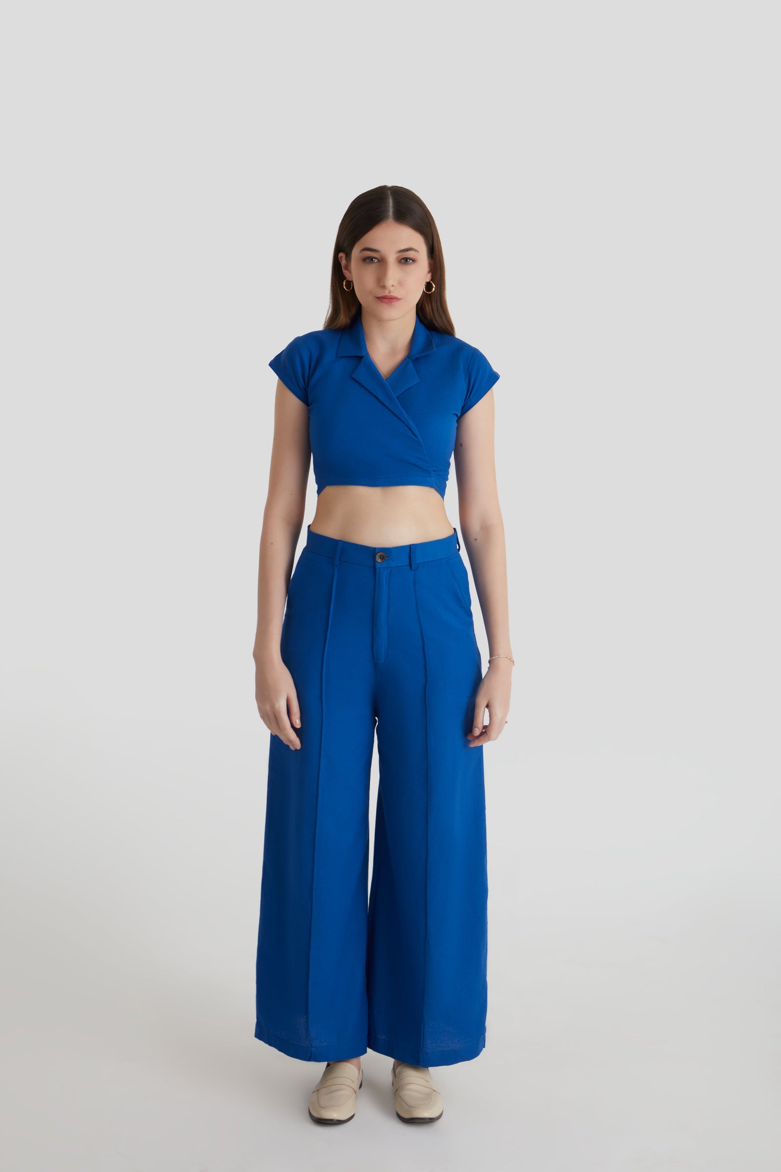 Women  Blue Wrap Crop Top and Wide Leg Trouser Co-ord Set 