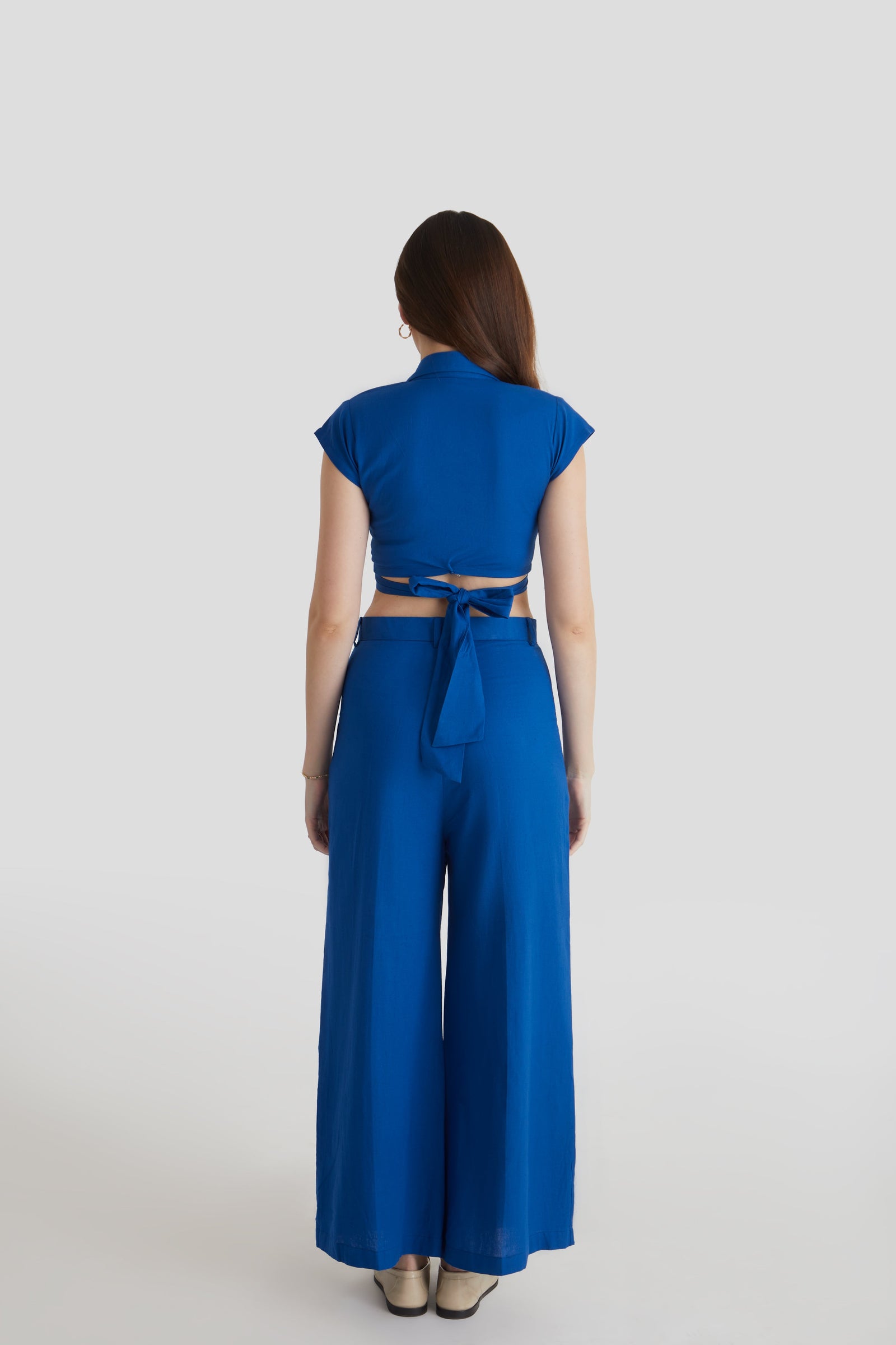 Women  Blue Wrap Crop Top and Wide Leg Trouser Co-ord Set 