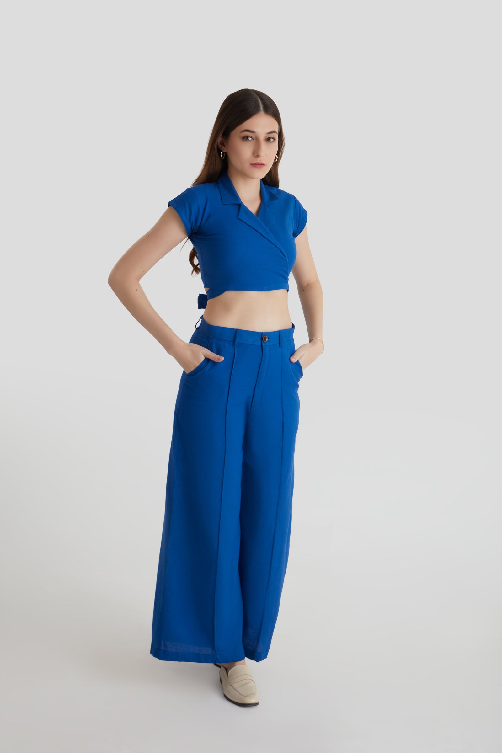 Women  Blue Wrap Crop Top and Wide Leg Trouser Co-ord Set 