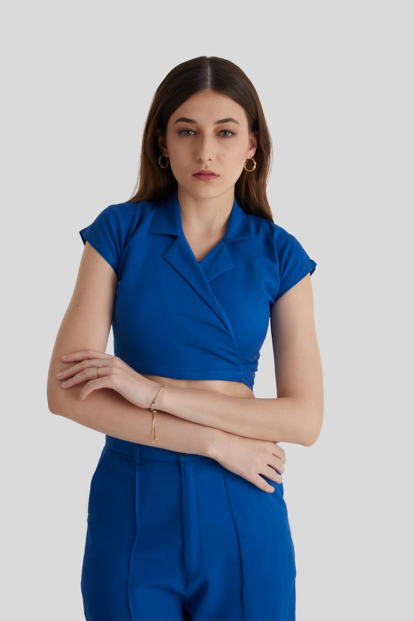 Women  Blue Wrap Crop Top and Wide Leg Trouser Co-ord Set 