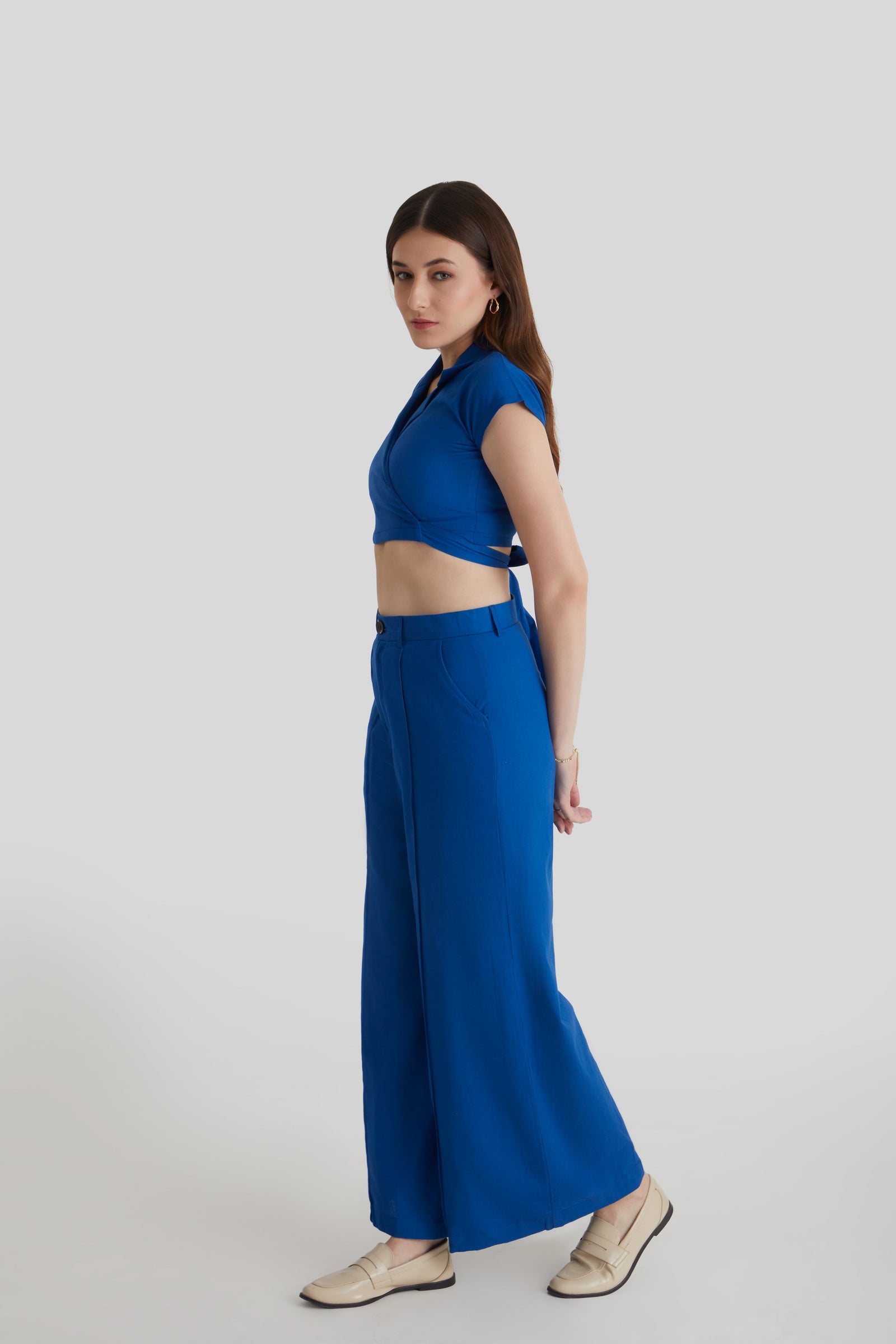 Women  Blue Wrap Crop Top and Wide Leg Trouser Co-ord Set 
