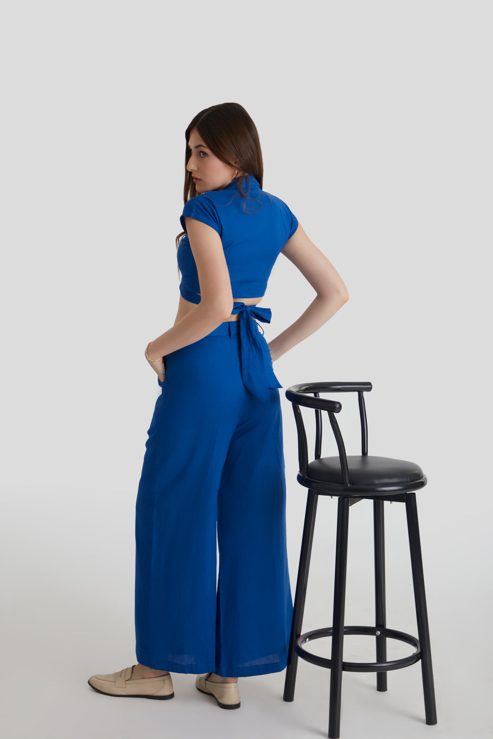 Women  Blue Wrap Crop Top and Wide Leg Trouser Co-ord Set 