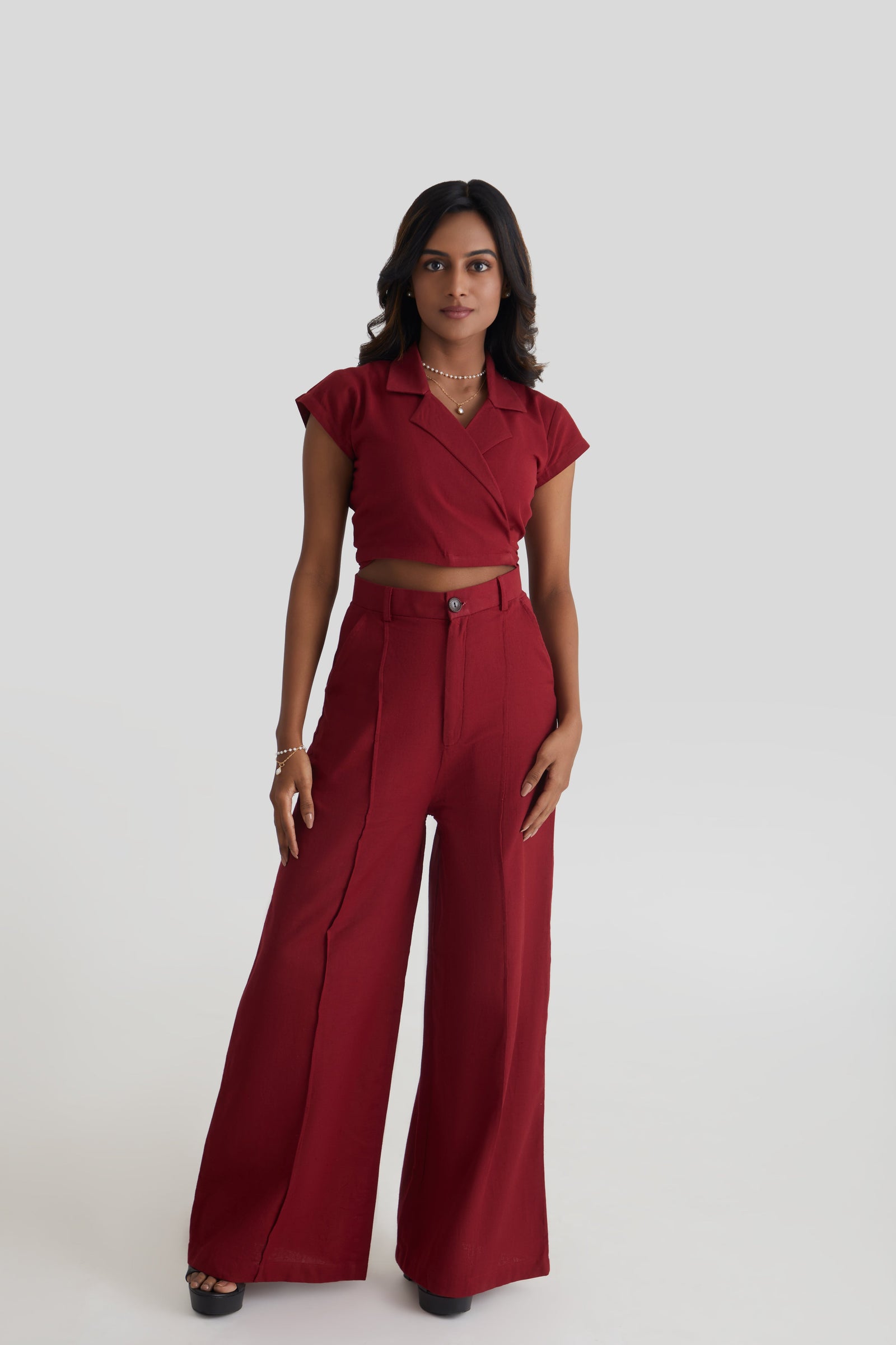 Women  Red Wrap Crop Top and Wide Leg Trouser Co-ord Set 