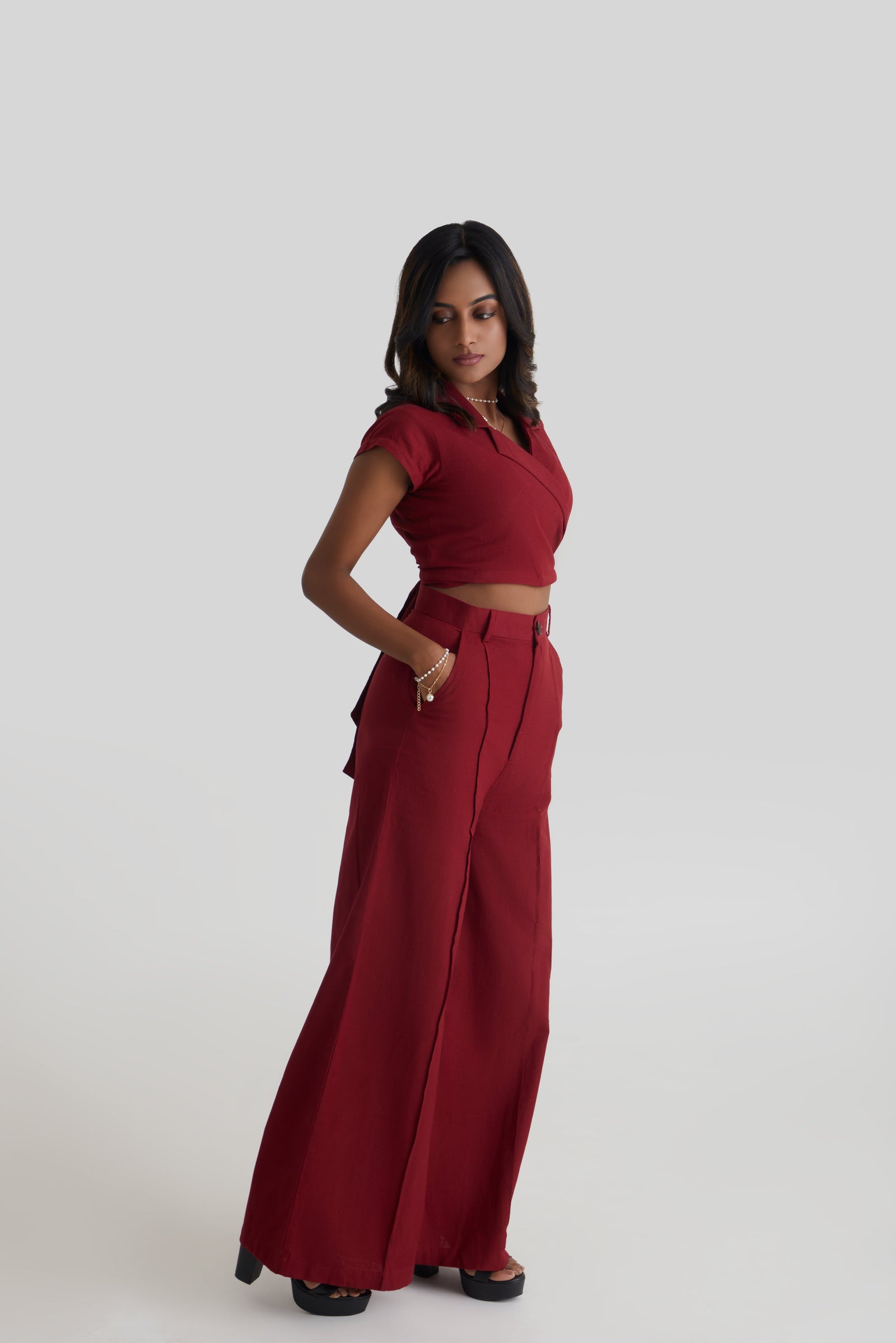 Women  Red Wrap Crop Top and Wide Leg Trouser Co-ord Set 