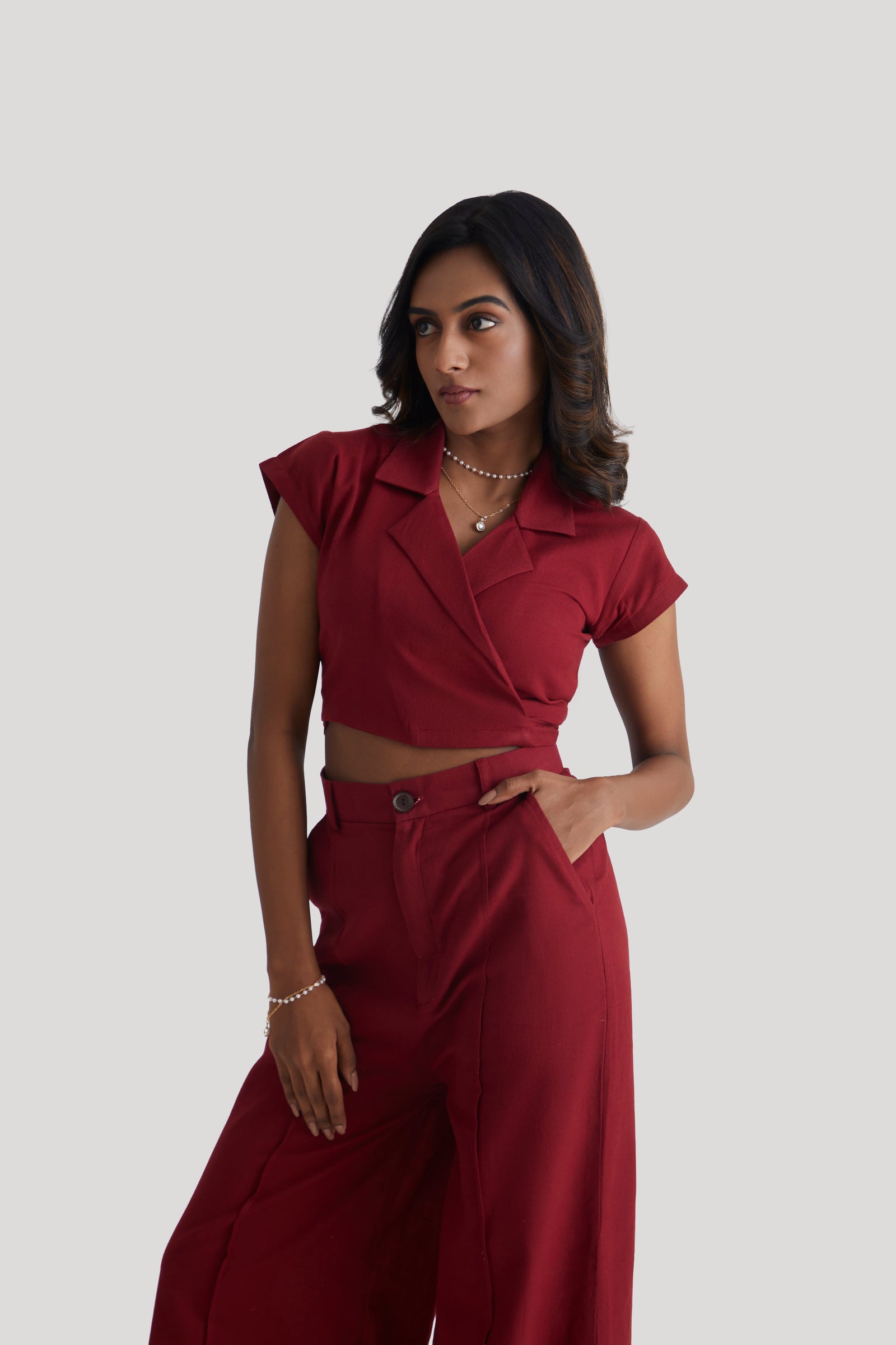 Women  Red Wrap Crop Top and Wide Leg Trouser Co-ord Set 