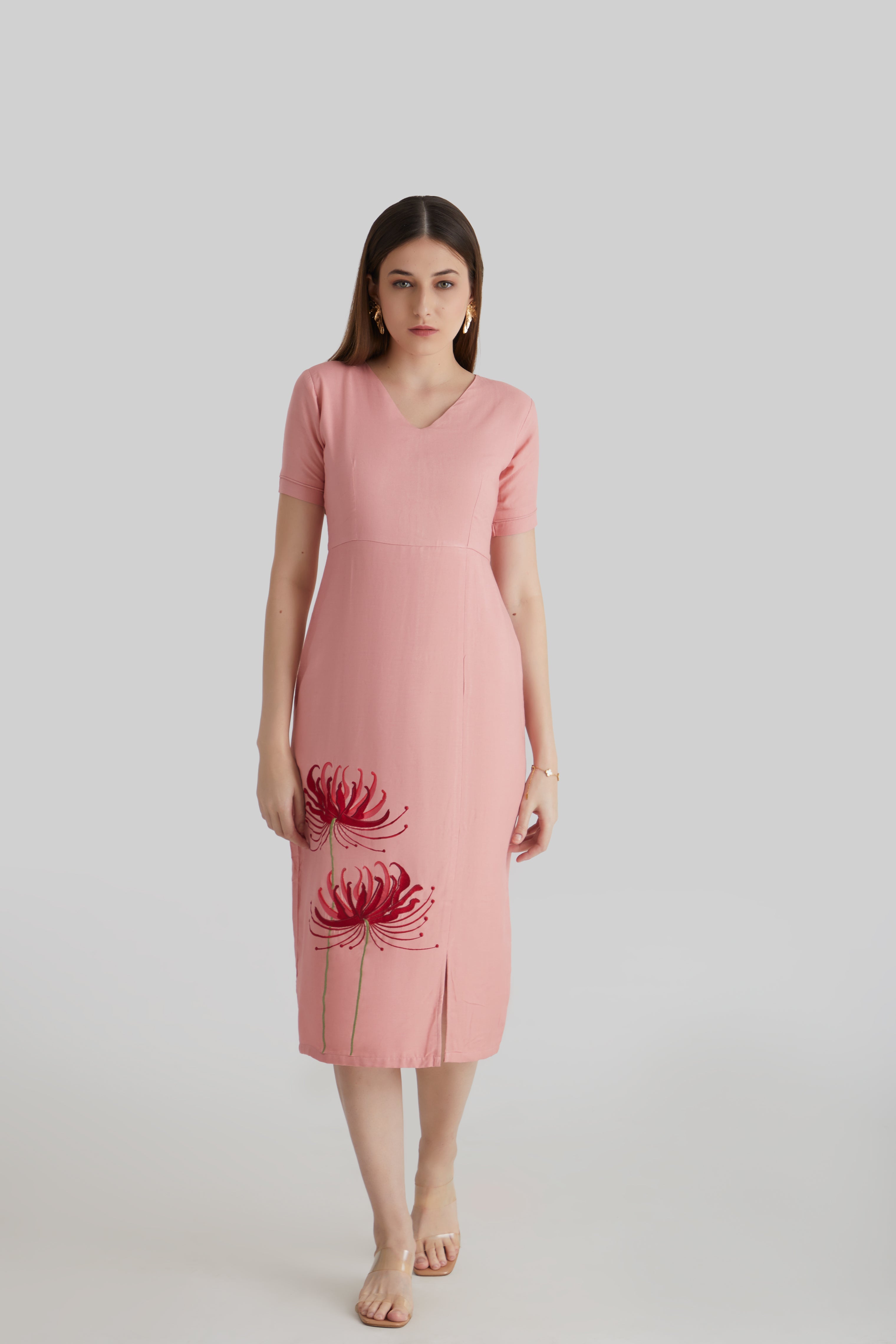Embroidered Bodycon Dress Coral Pink