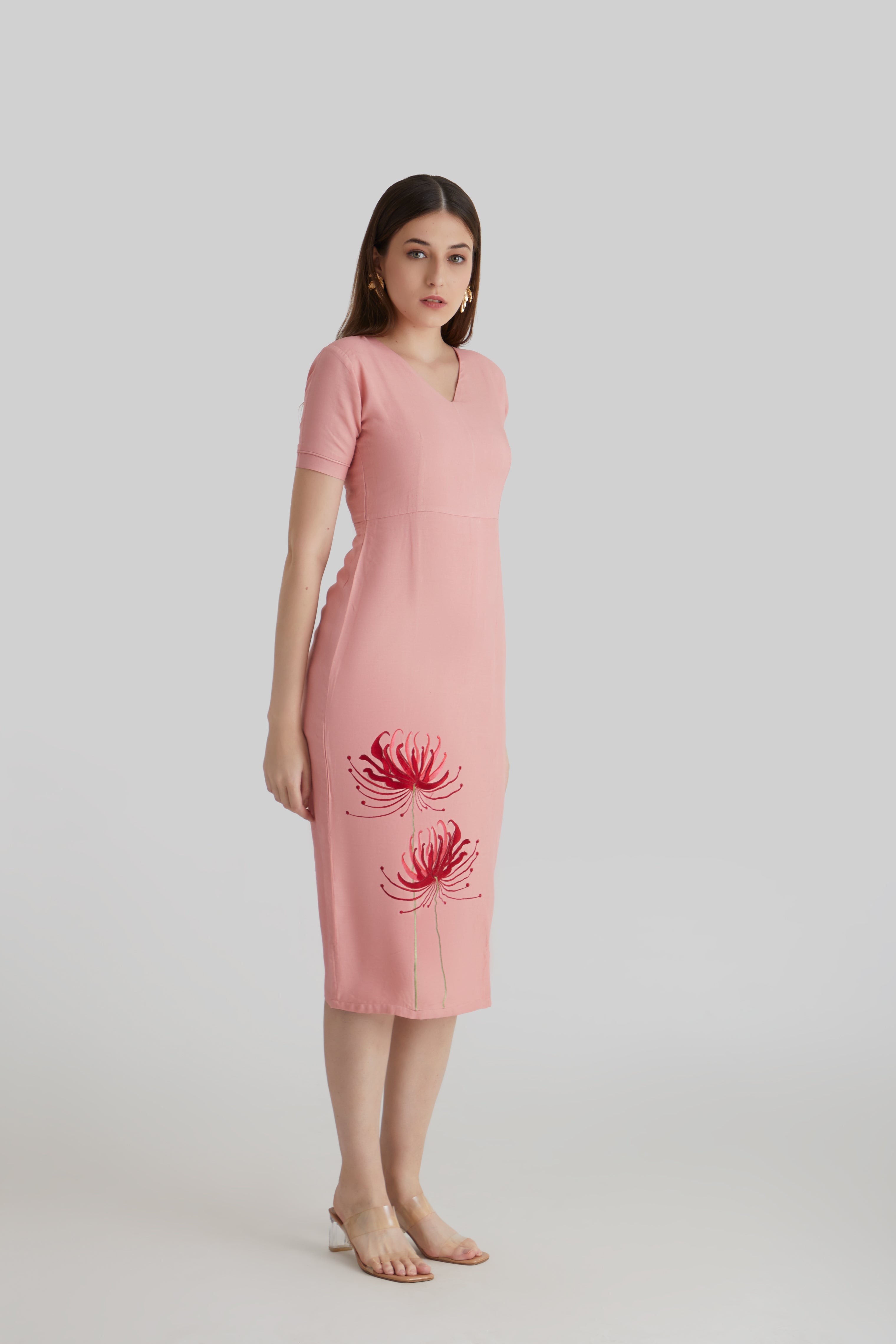 Embroidered Bodycon Dress Coral Pink