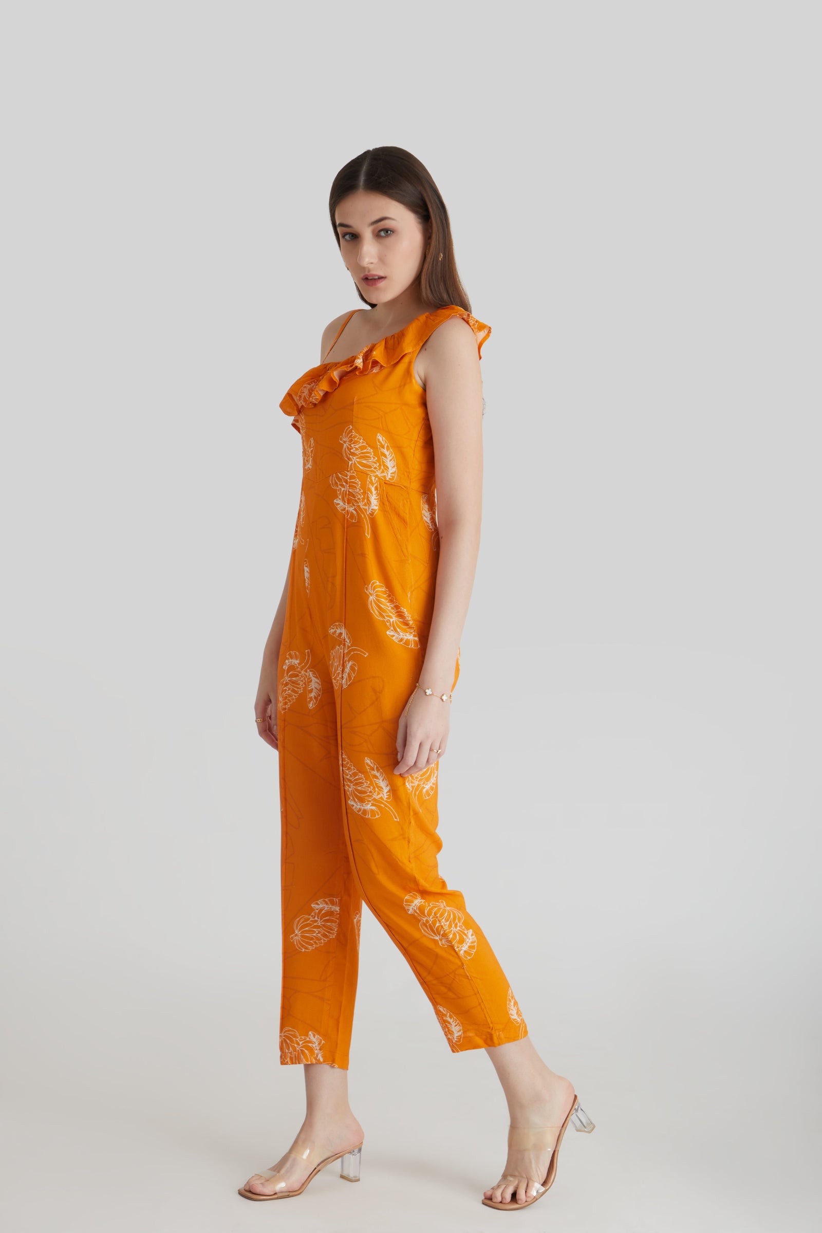 Women  Orange Floral Print Ruffle Neck Strappy Carrot Fit Jumpsuit
