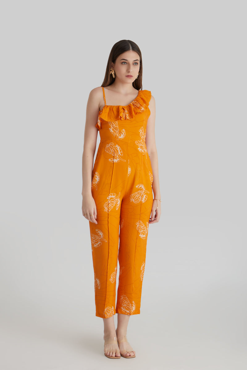 Women  Orange Floral Print Ruffle Neck Strappy Carrot Fit Jumpsuit