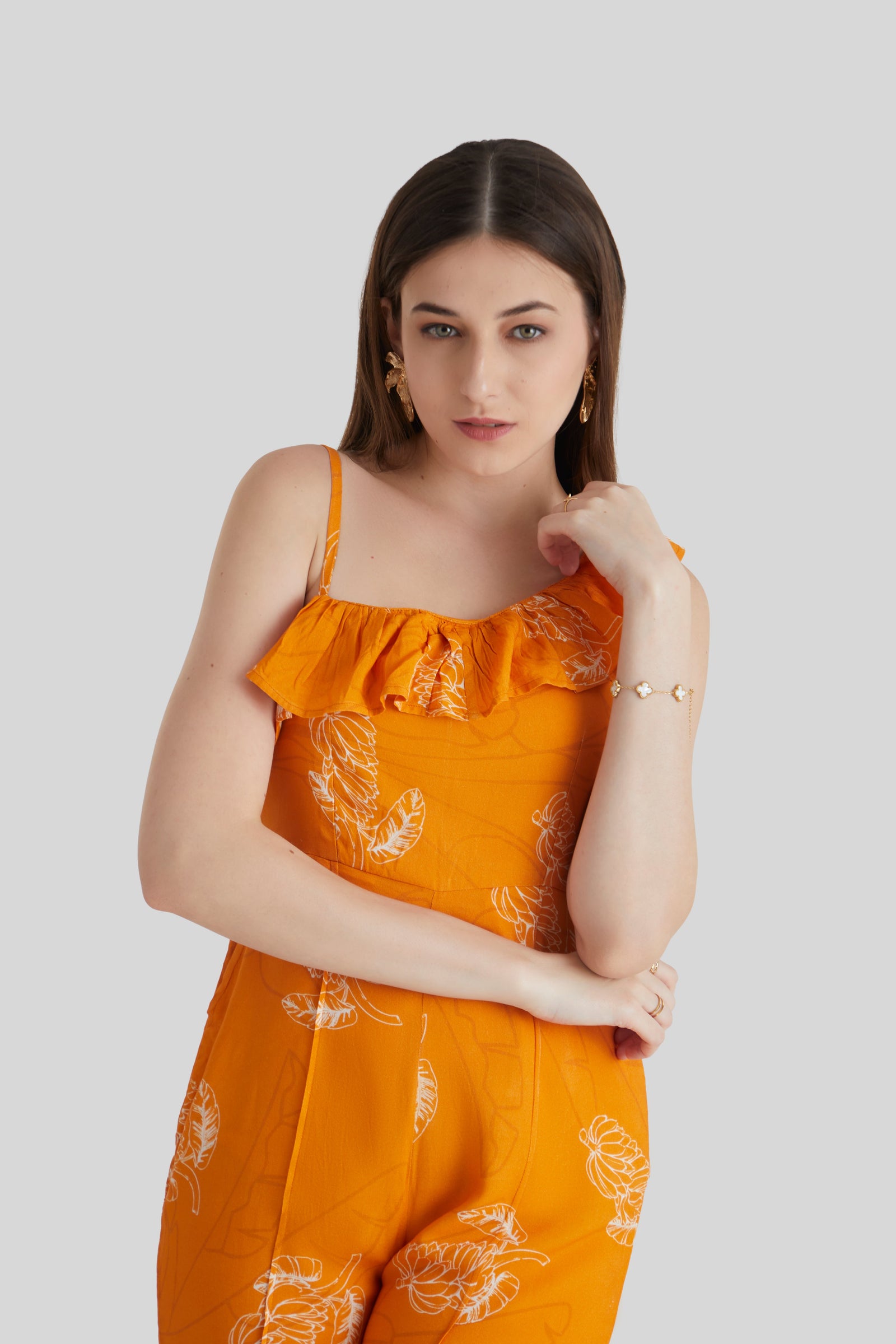 Women  Orange Floral Print Ruffle Neck Strappy Carrot Fit Jumpsuit