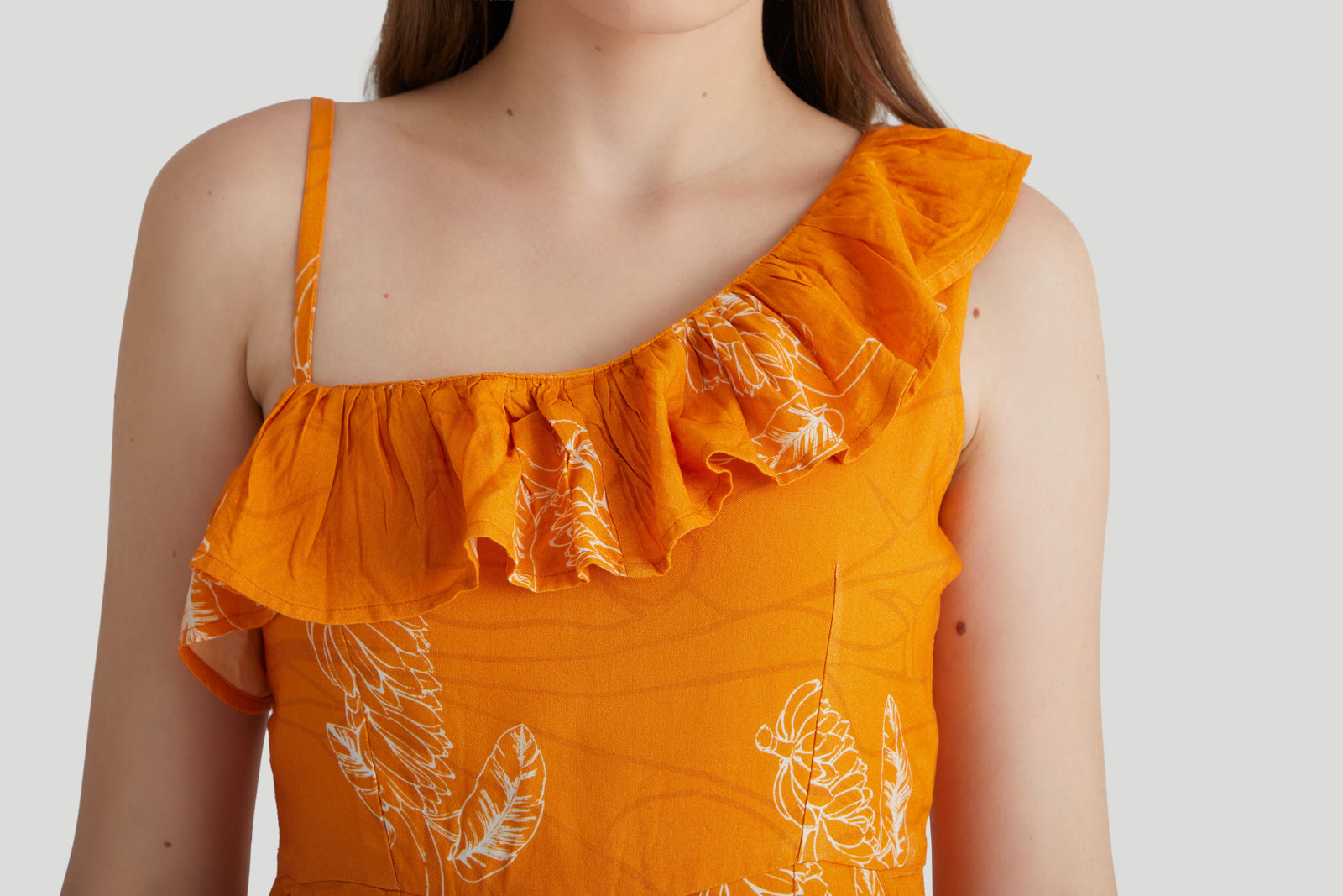 Women  Orange Floral Print Ruffle Neck Strappy Carrot Fit Jumpsuit