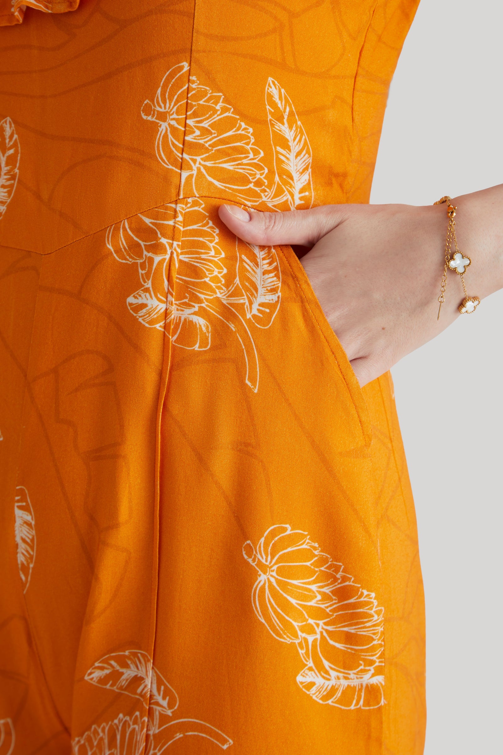 Women  Orange Floral Print Ruffle Neck Strappy Carrot Fit Jumpsuit