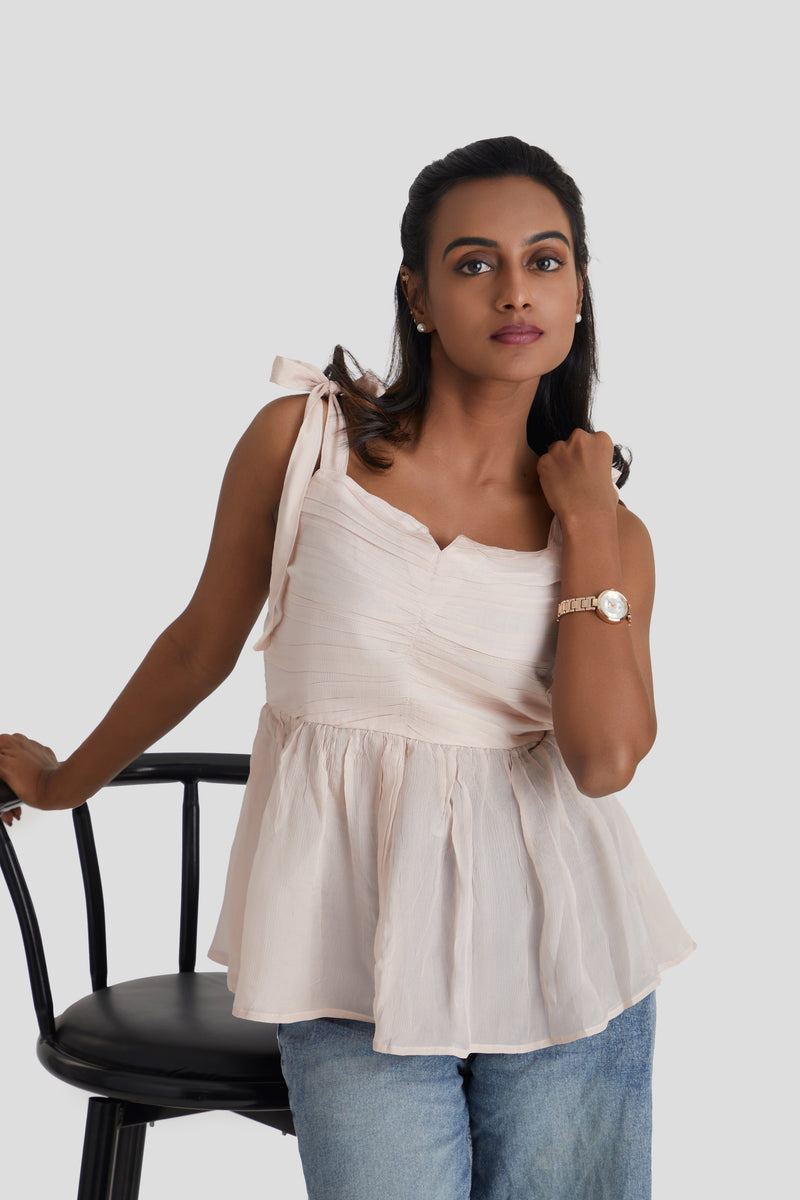 Nude Pink Strappy Peplum Chiffon Top with Tie Straps