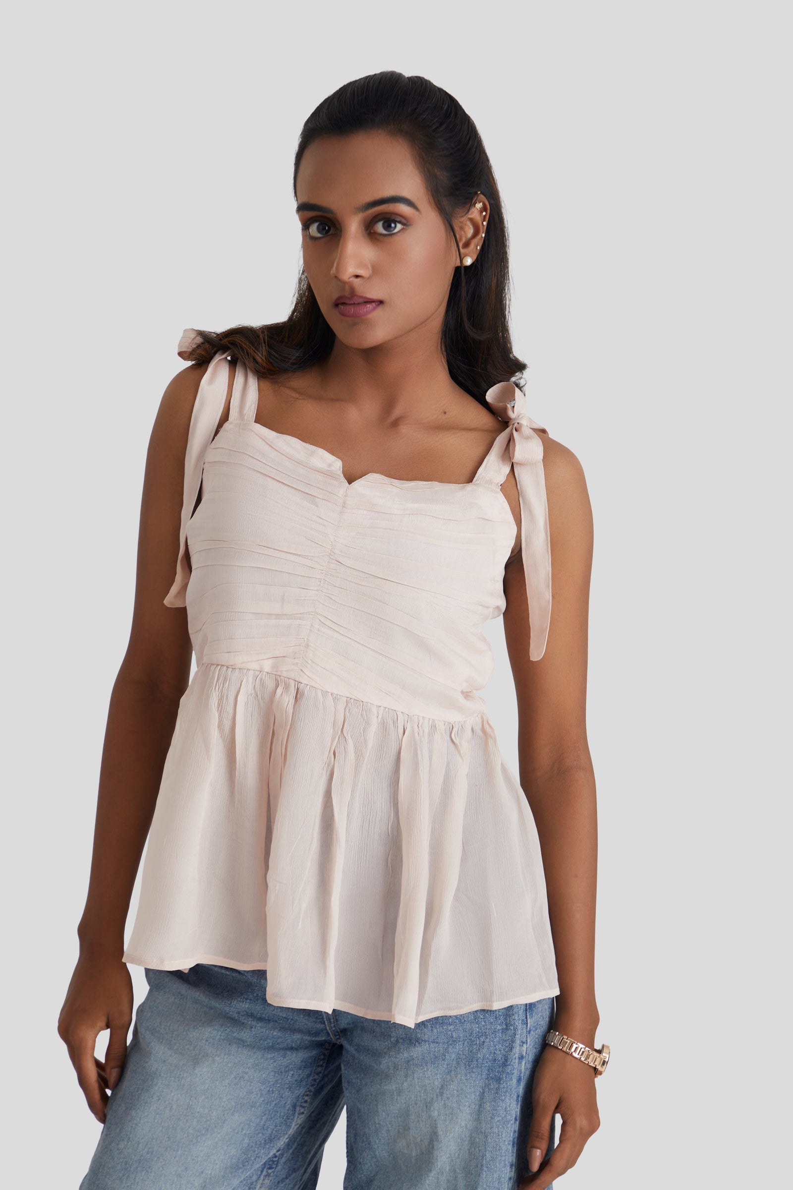 Nude Pink Strappy Peplum Chiffon Top with Tie Straps
