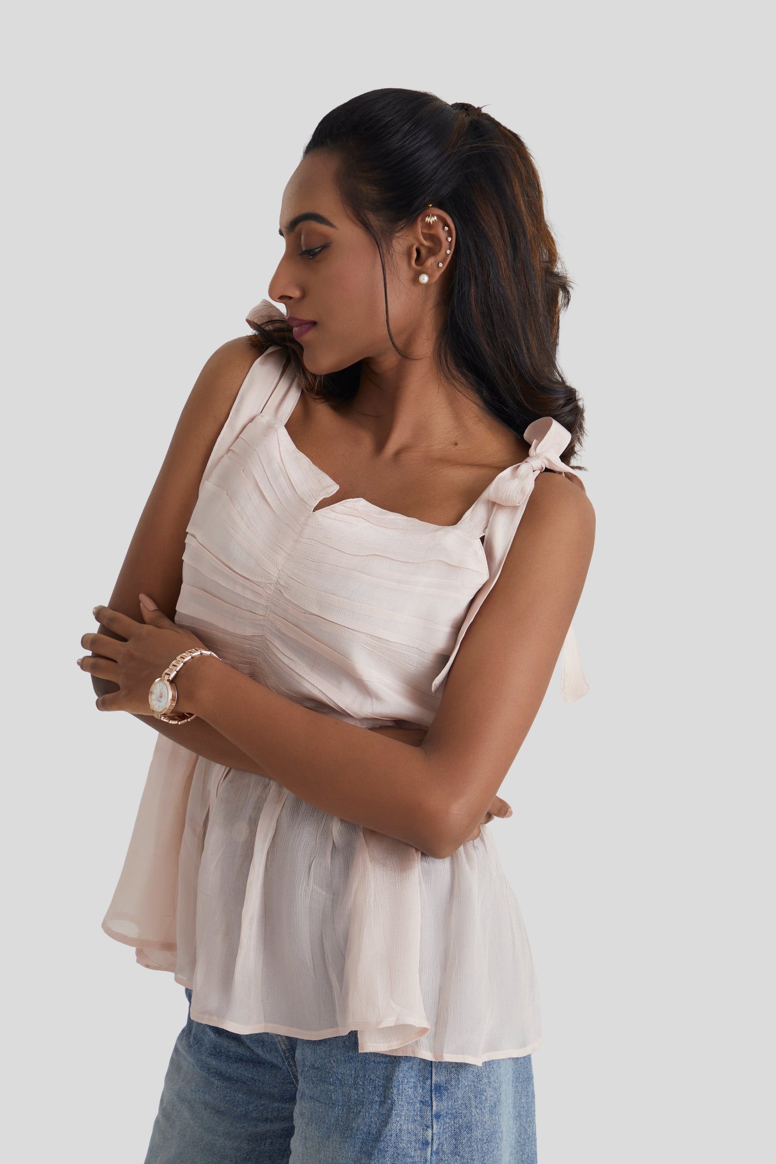 Nude Pink Strappy Peplum Chiffon Top with Tie Straps
