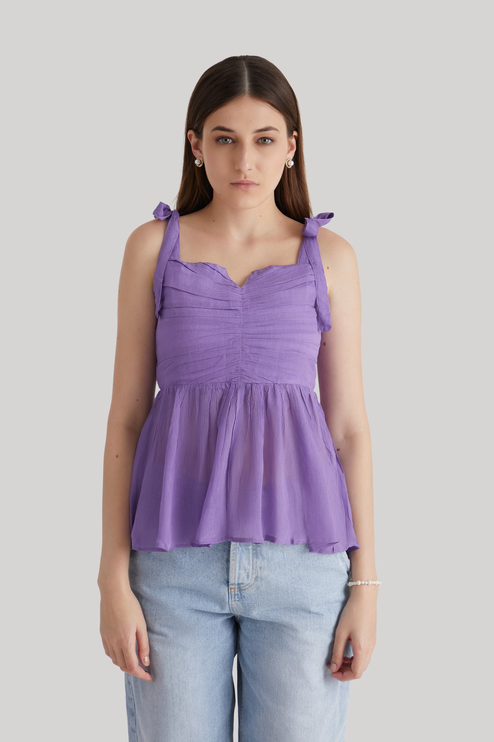 Lavender Strappy Peplum Chiffon Top with Tie Straps