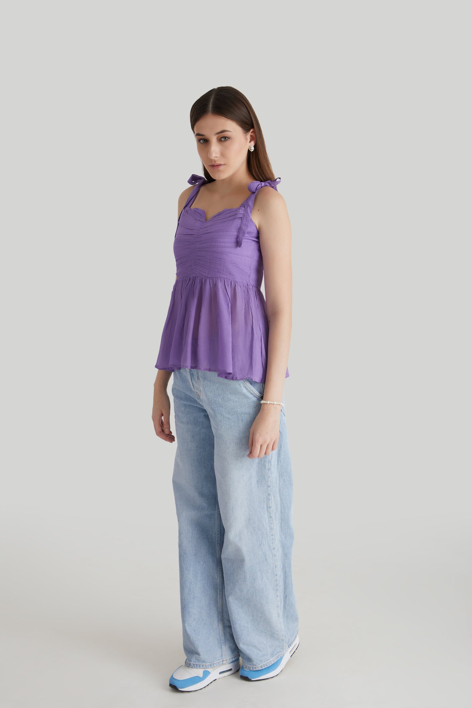 Lavender Strappy Peplum Chiffon Top with Tie Straps