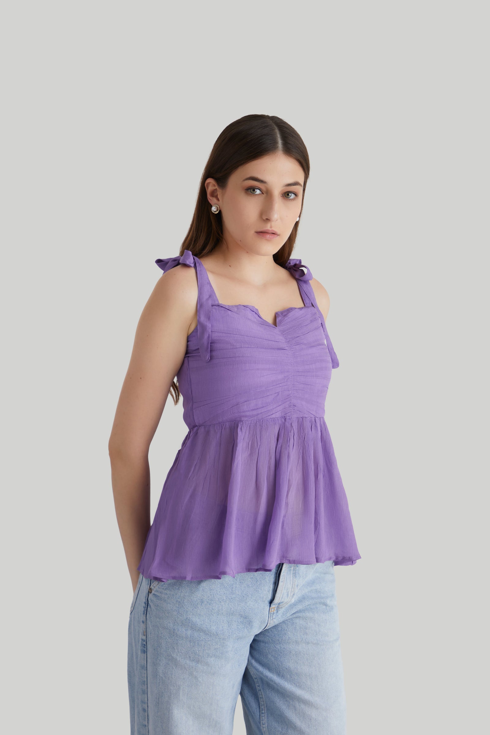 Lavender Strappy Peplum Chiffon Top with Tie Straps