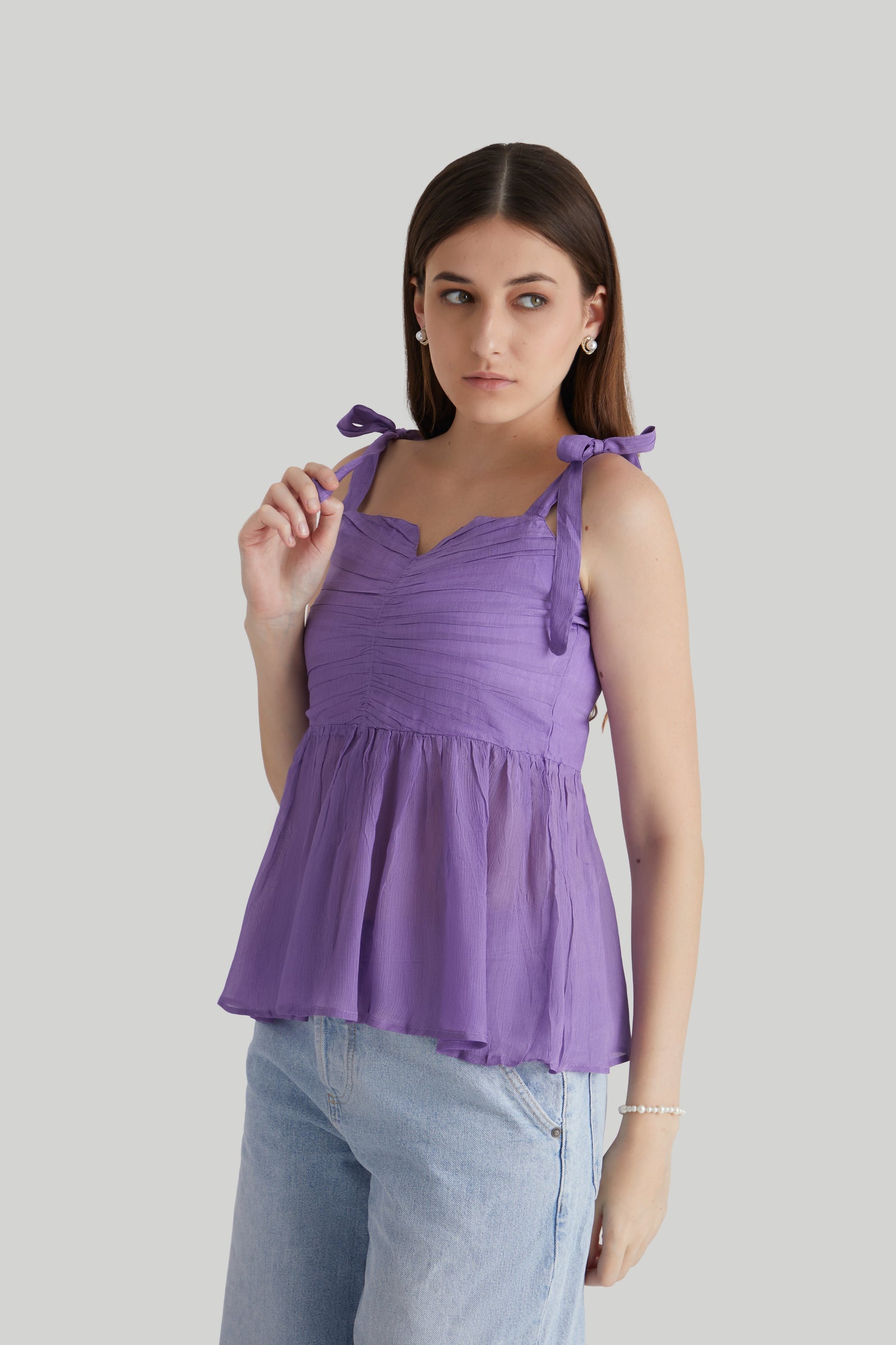 Lavender Strappy Peplum Chiffon Top with Tie Straps