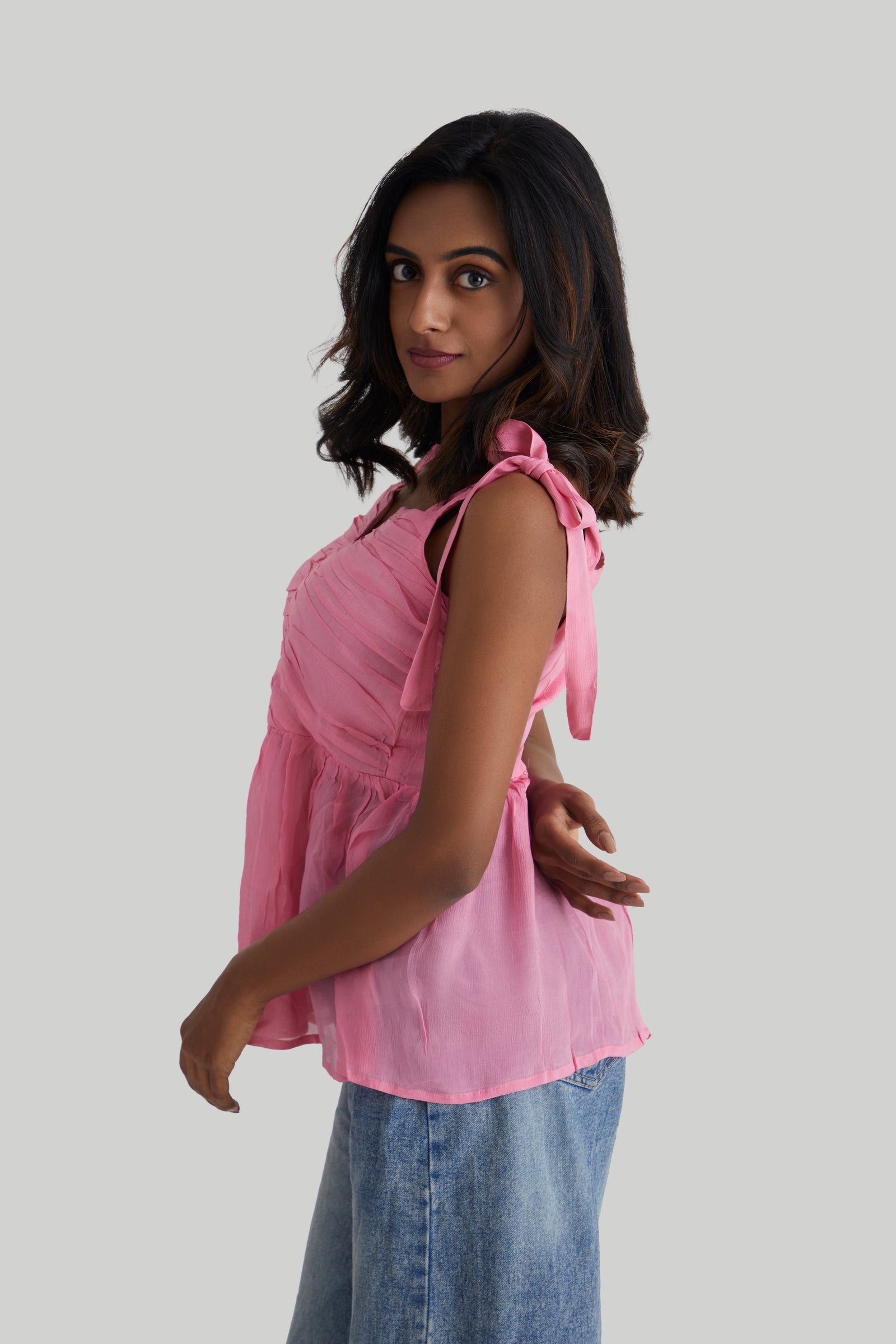 Blush Pink Strappy Peplum Chiffon Top with Tie Straps