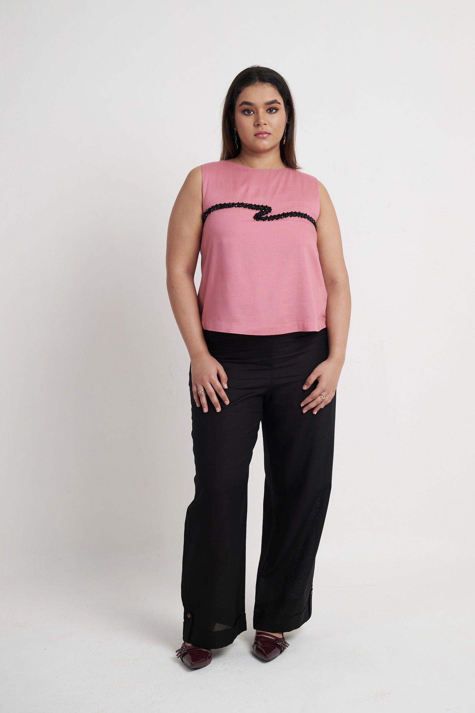 Beaded Embroidered Sleeveless Top in Dusty Rose