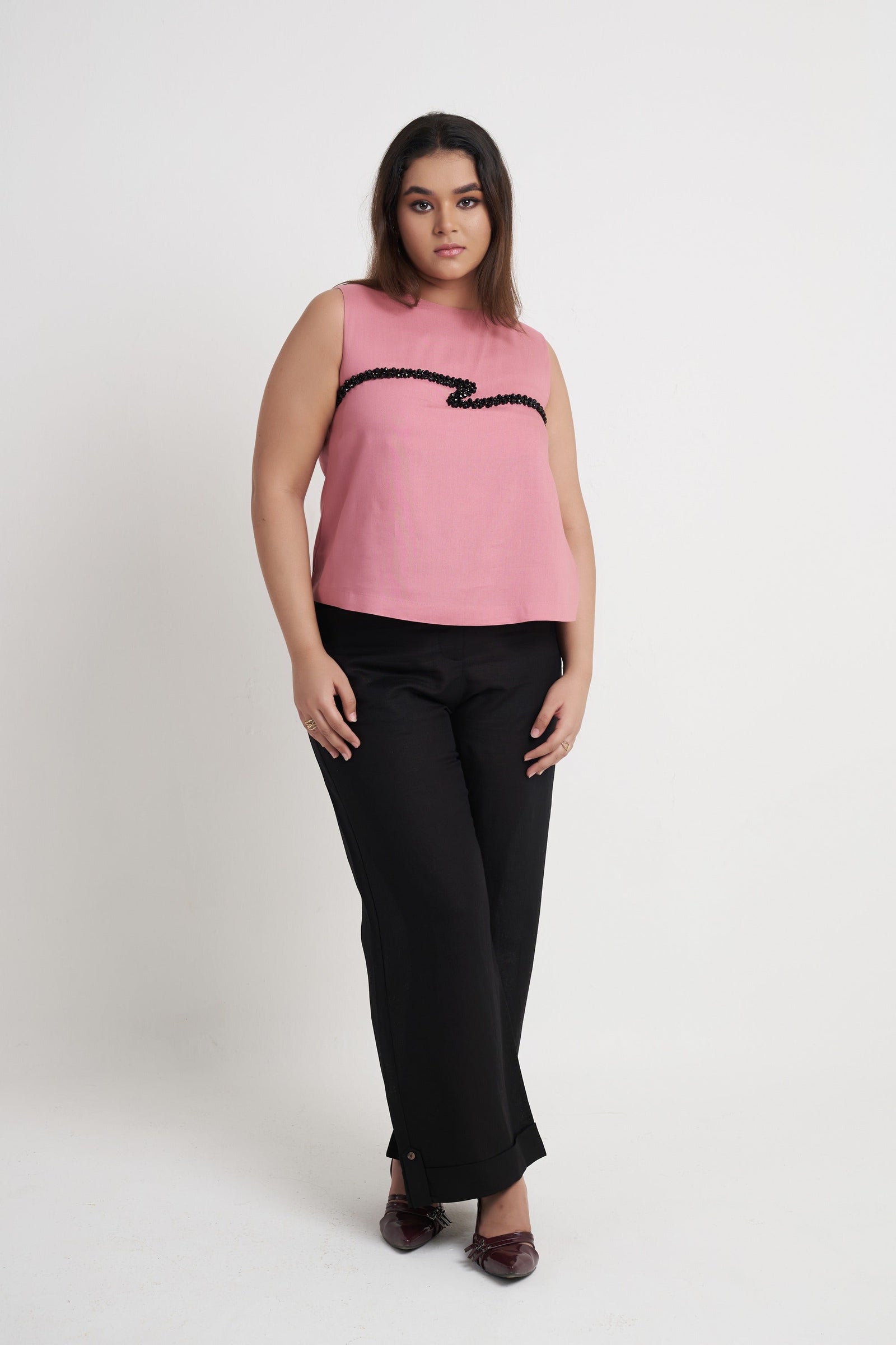 Beaded Embroidered Sleeveless Top in Dusty Rose