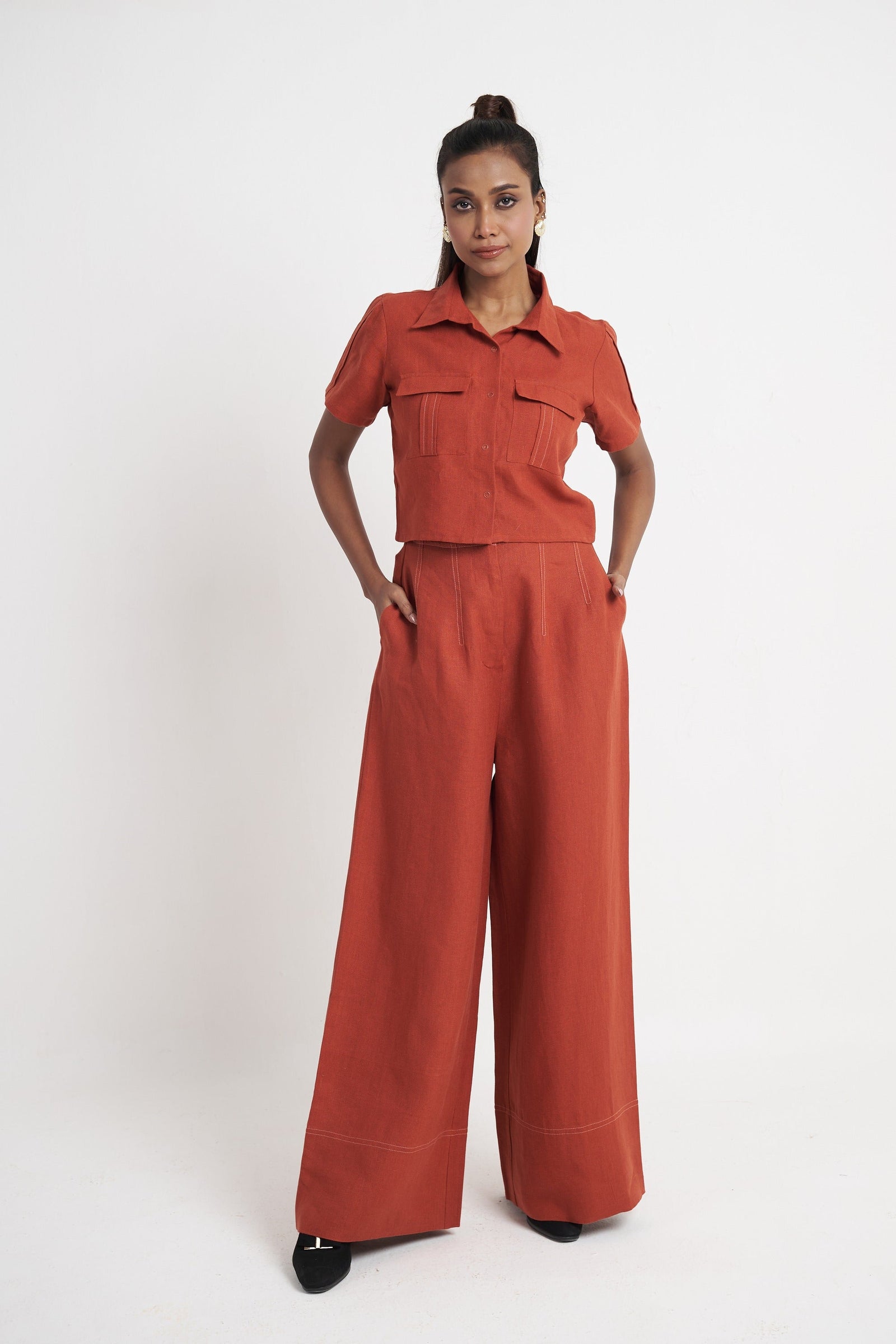 Utility Crop Shirt & Wide Leg Trouser Co-ord Set in Picante
