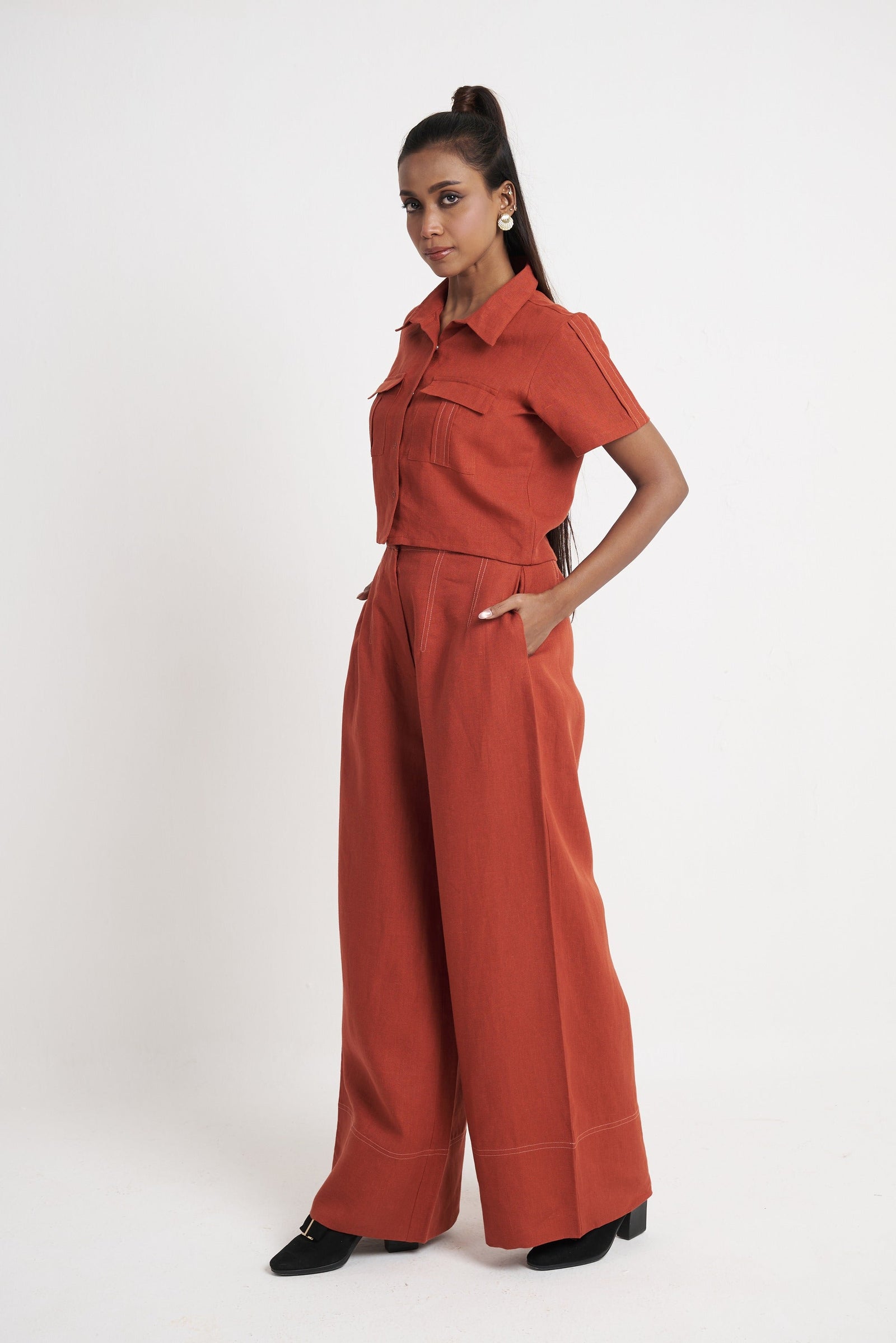 Utility Crop Shirt & Wide Leg Trouser Co-ord Set in Picante