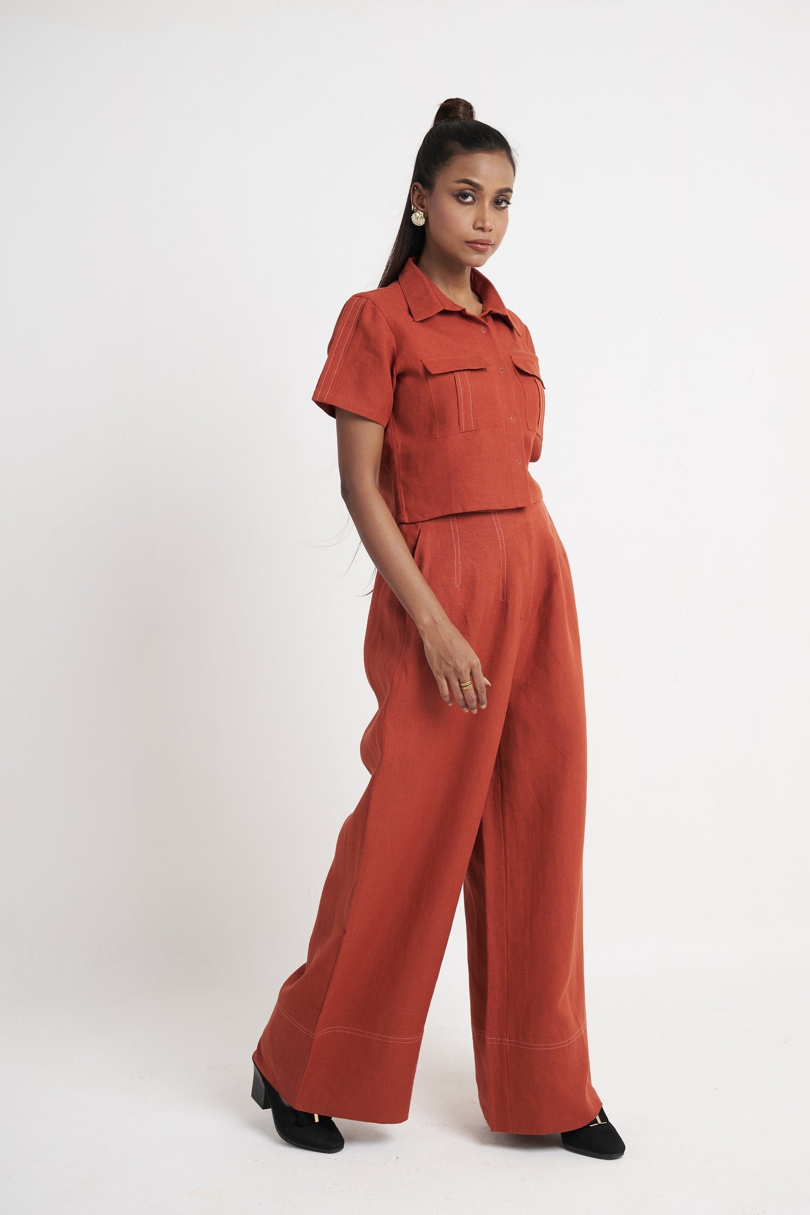 Utility Crop Shirt & Wide Leg Trouser Co-ord Set in Picante