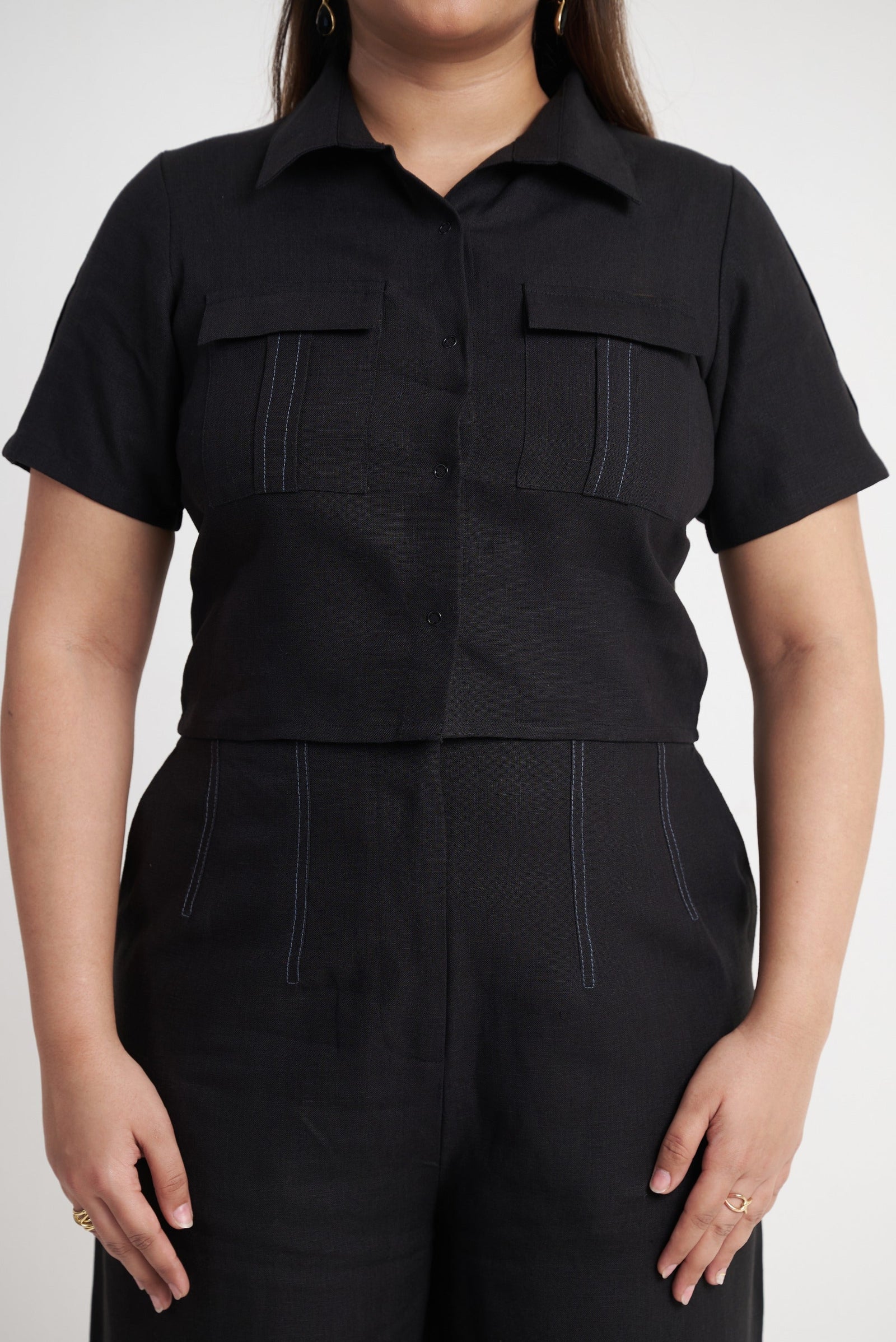 Short Sleeve Utility Crop Shirt in Black Beauty
