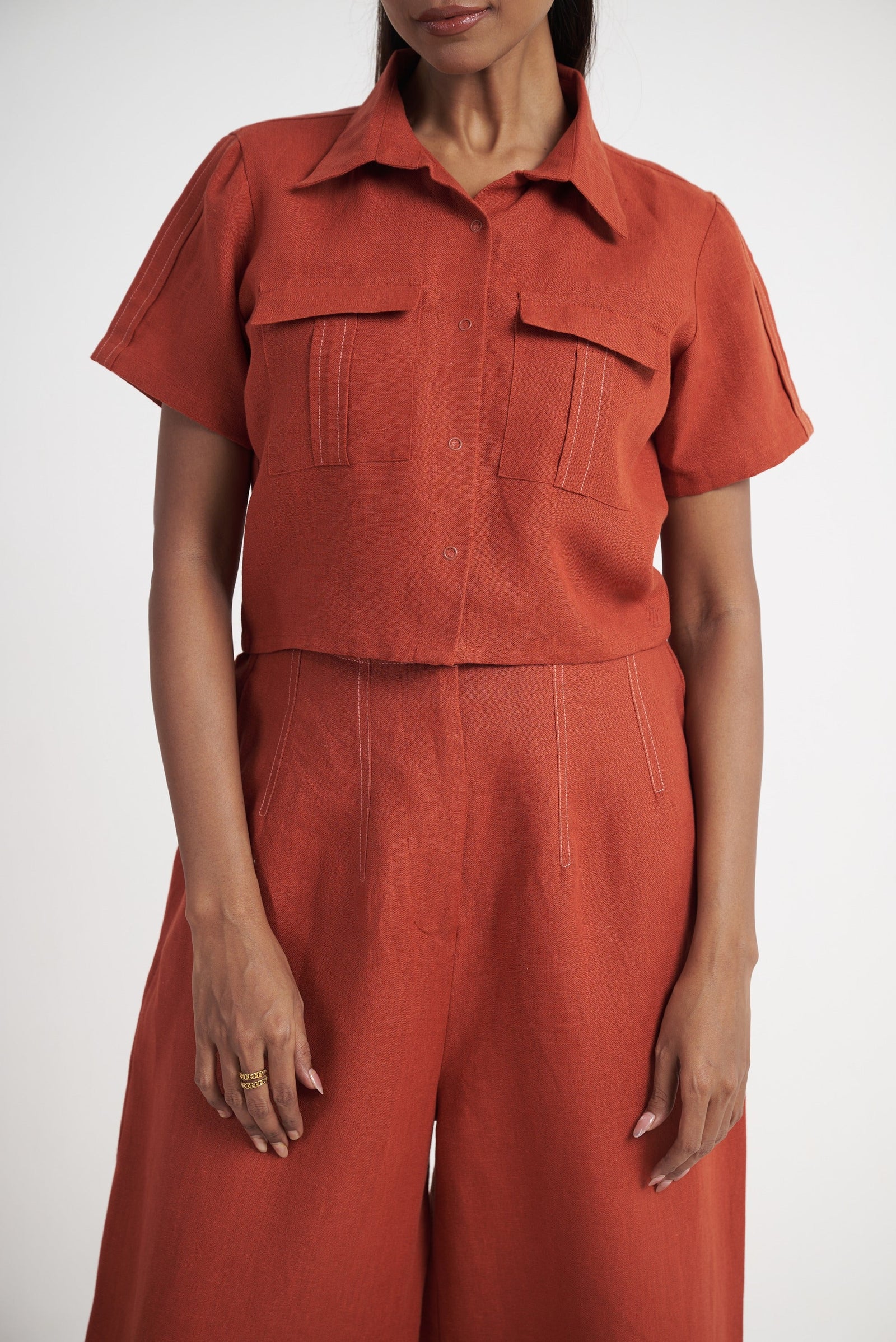 Short Sleeve Utility Crop Shirt in Picante